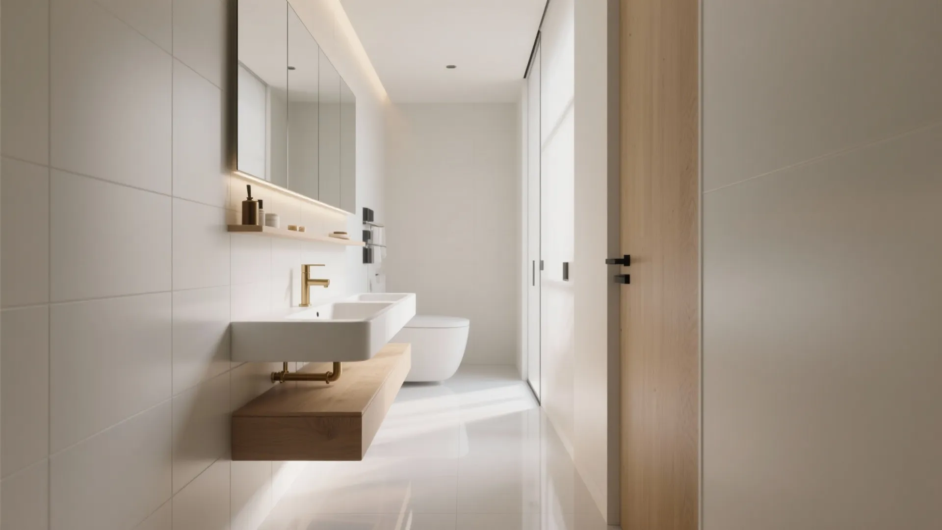 Minimalist white bathroom with wall mounted sink wooden shelf gold faucet and large mirror cabinet