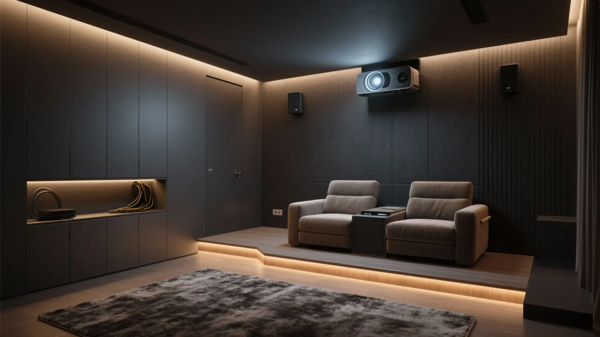 Modern dark home theater room with two grey sofas a wall projector and warm lighting