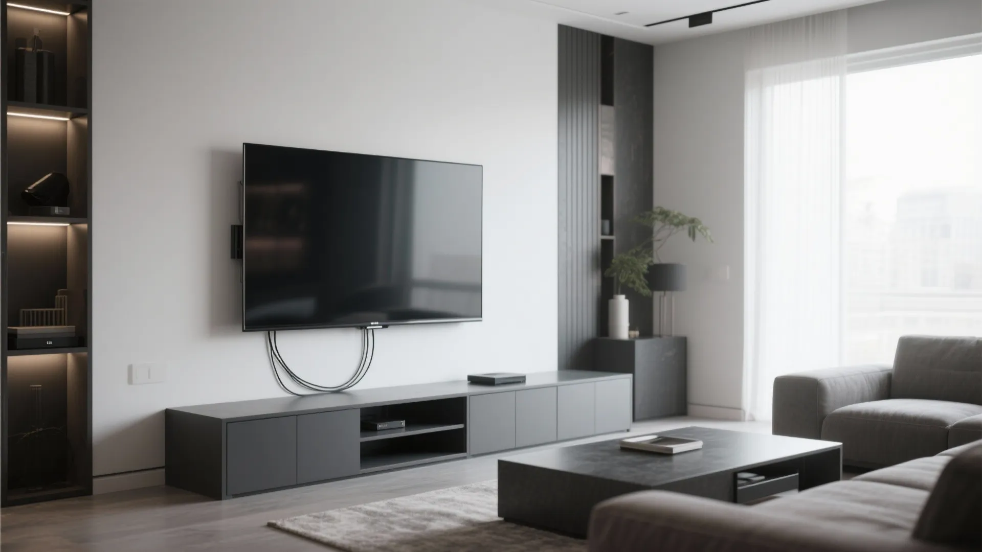 Modern living room with wall mounted television grey cabinet coffee table sofa and large windows sunlight
