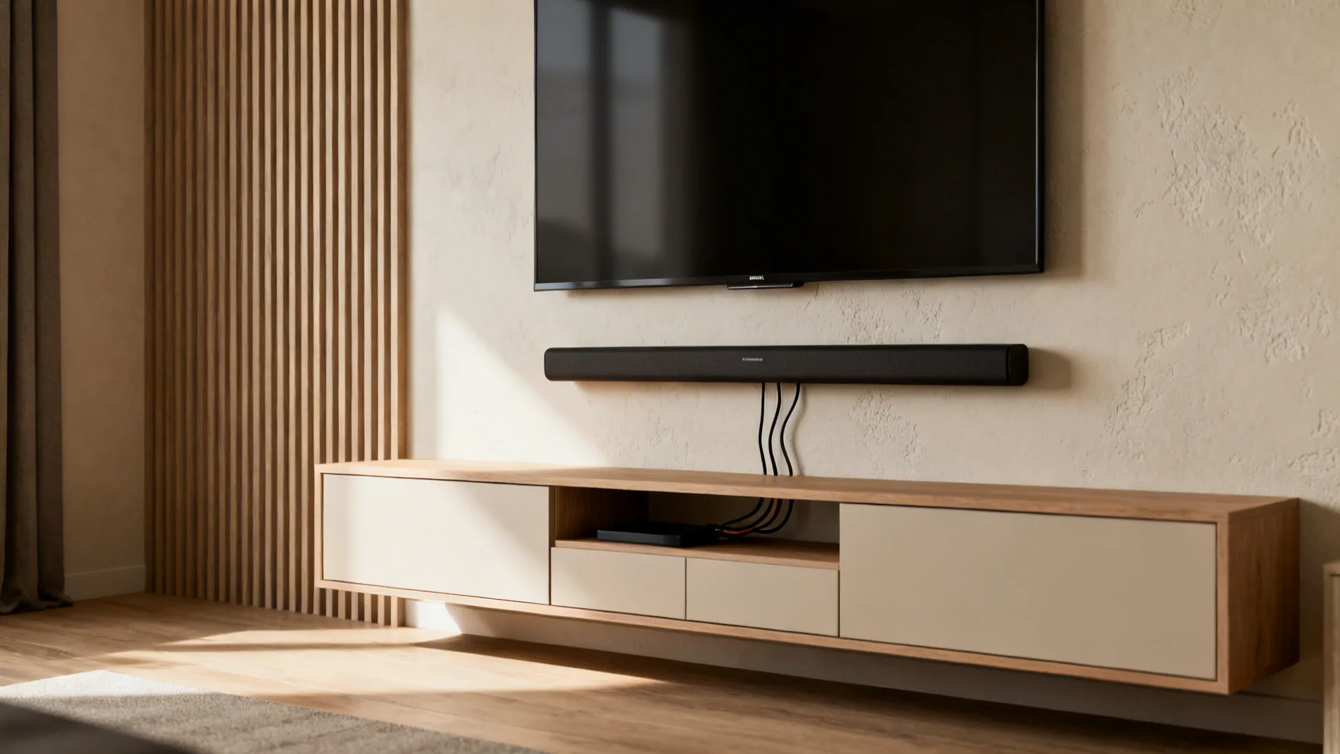 Wall-mounted TV above a low-profile media unit with concealed wiring in a small living room.