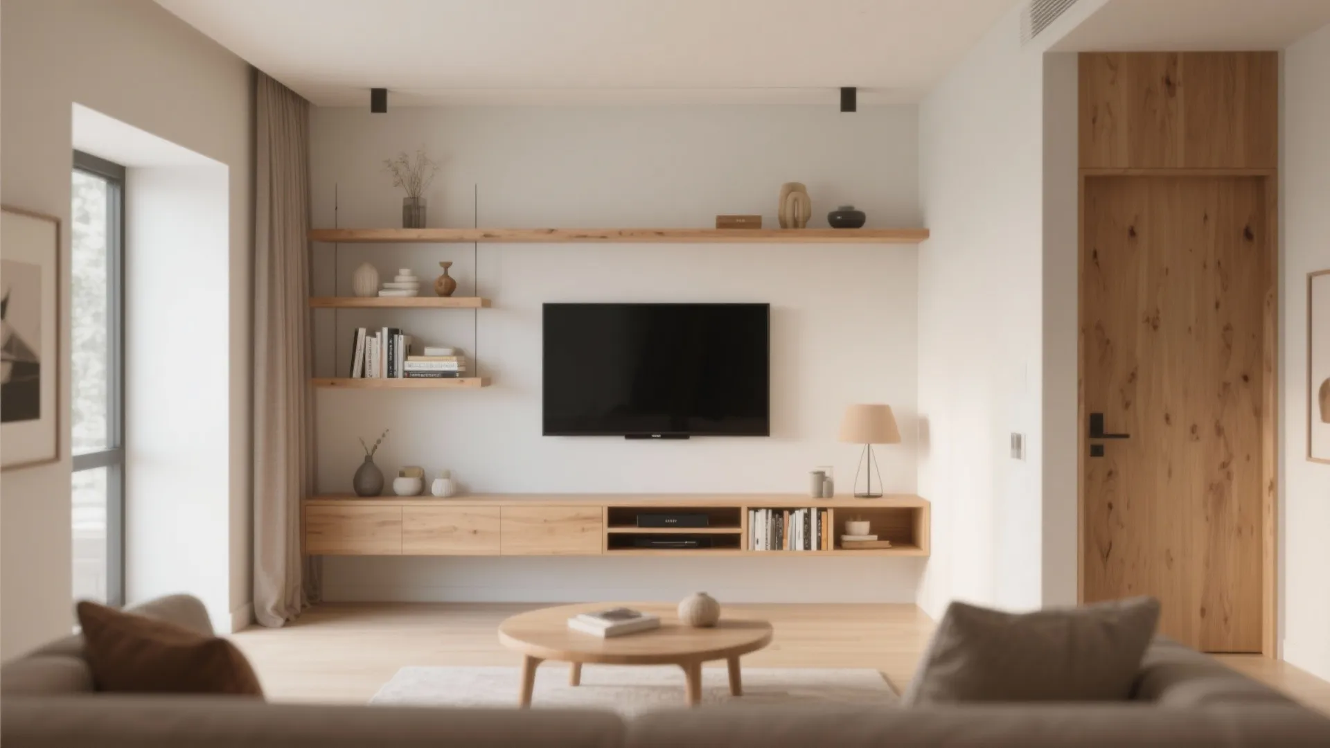 Wall-mounted TV with slim floating shelves in small living room