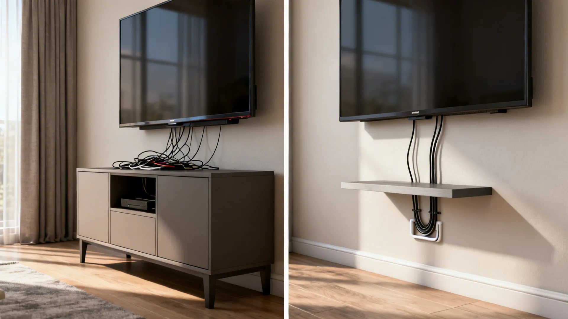 Split image comparing TV on a cabinet versus wall-mounted setup with tidy cable routing
