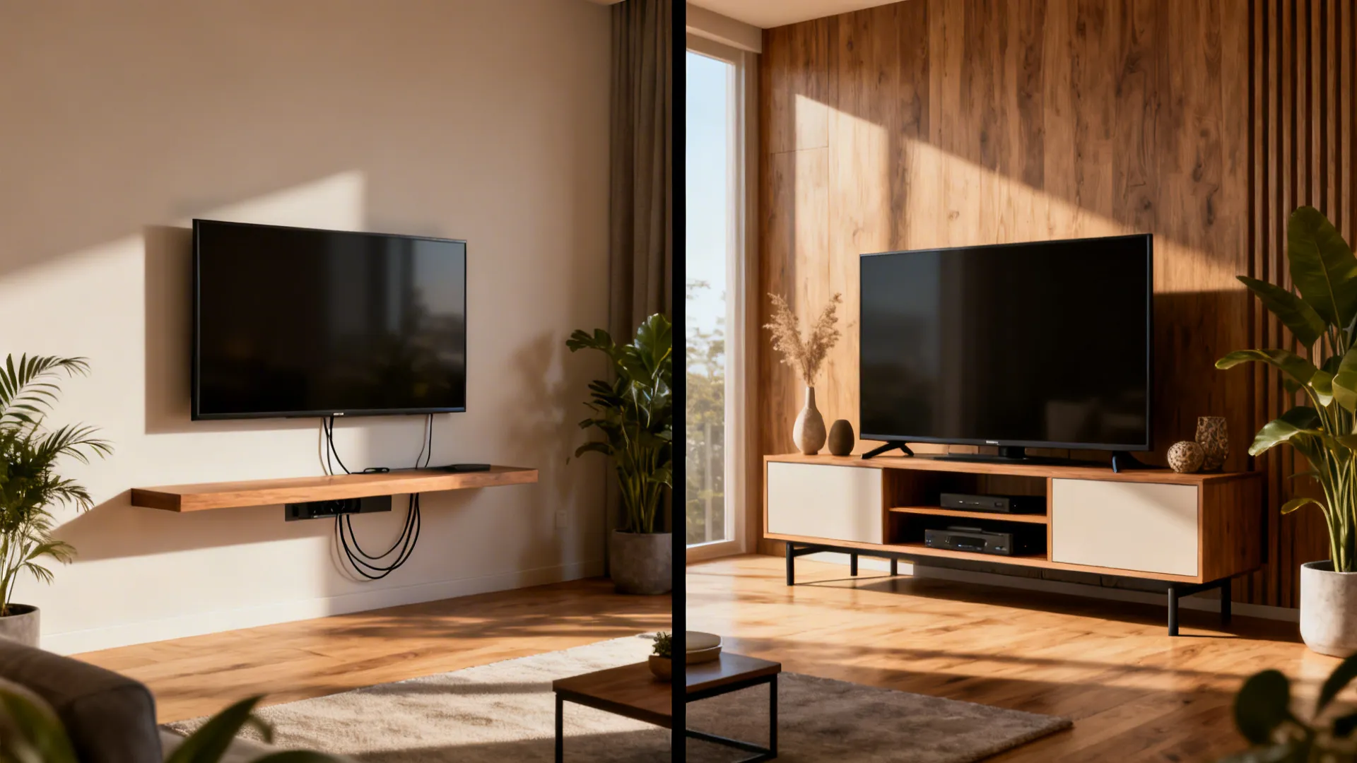 Two small living room layouts showing wall-mounted TV with floating console and TV on a media stand for scale comparison.