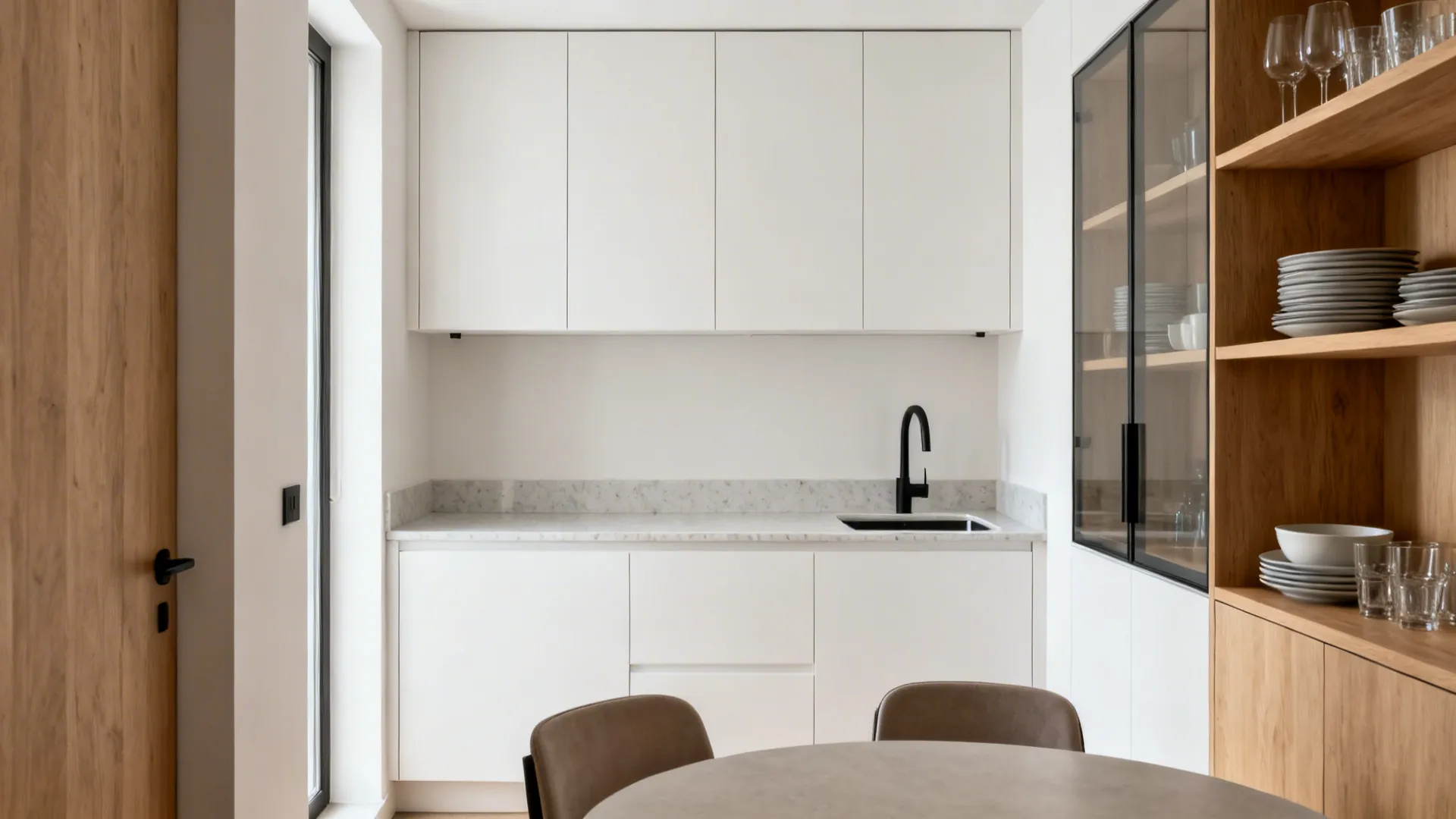 Wall-mounted crockery unit above a slim quartz wash counter with a compact basin in a small dining nook.