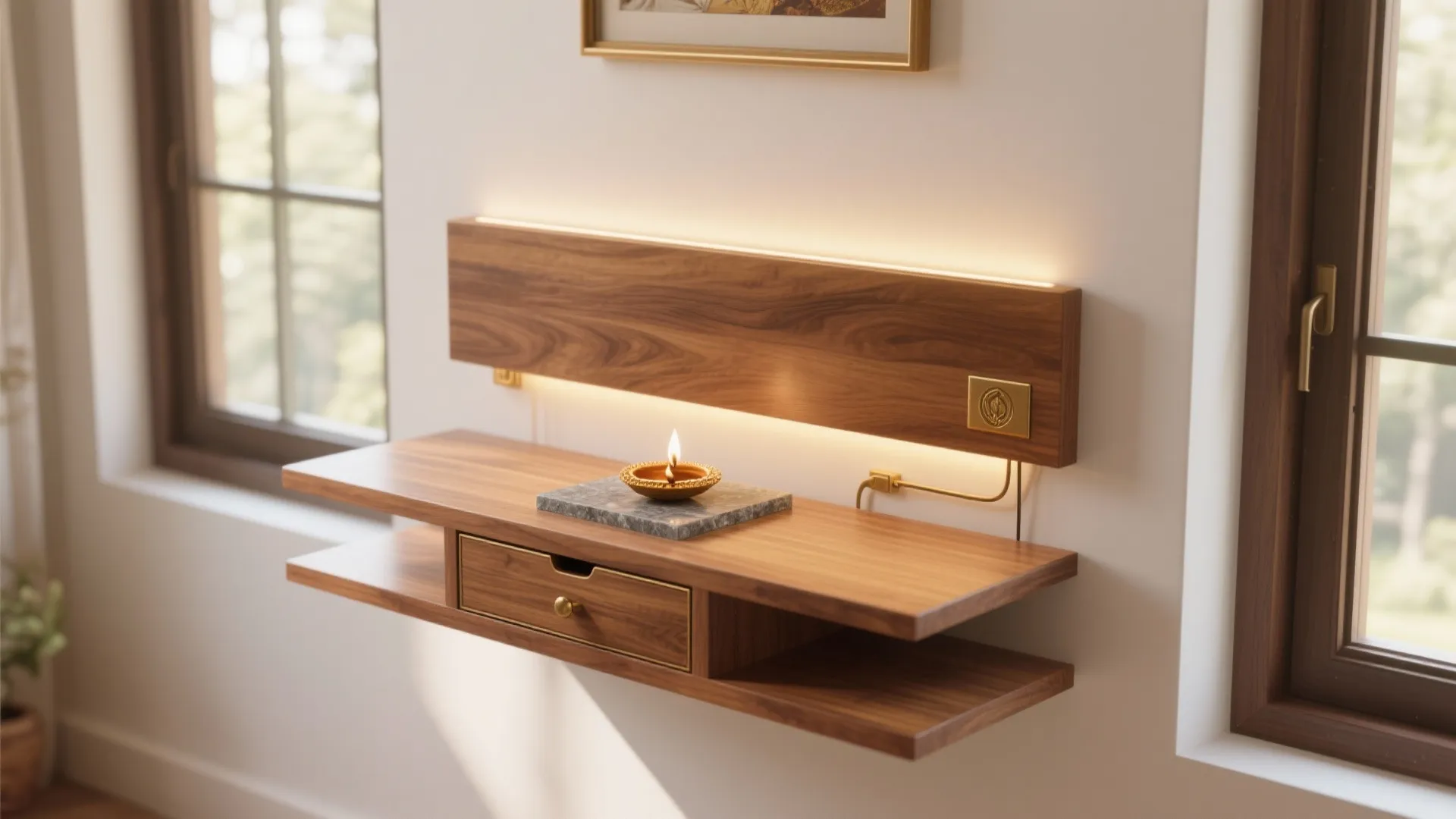 Floating Wall-Mounted Pooja Platform with Back Panel