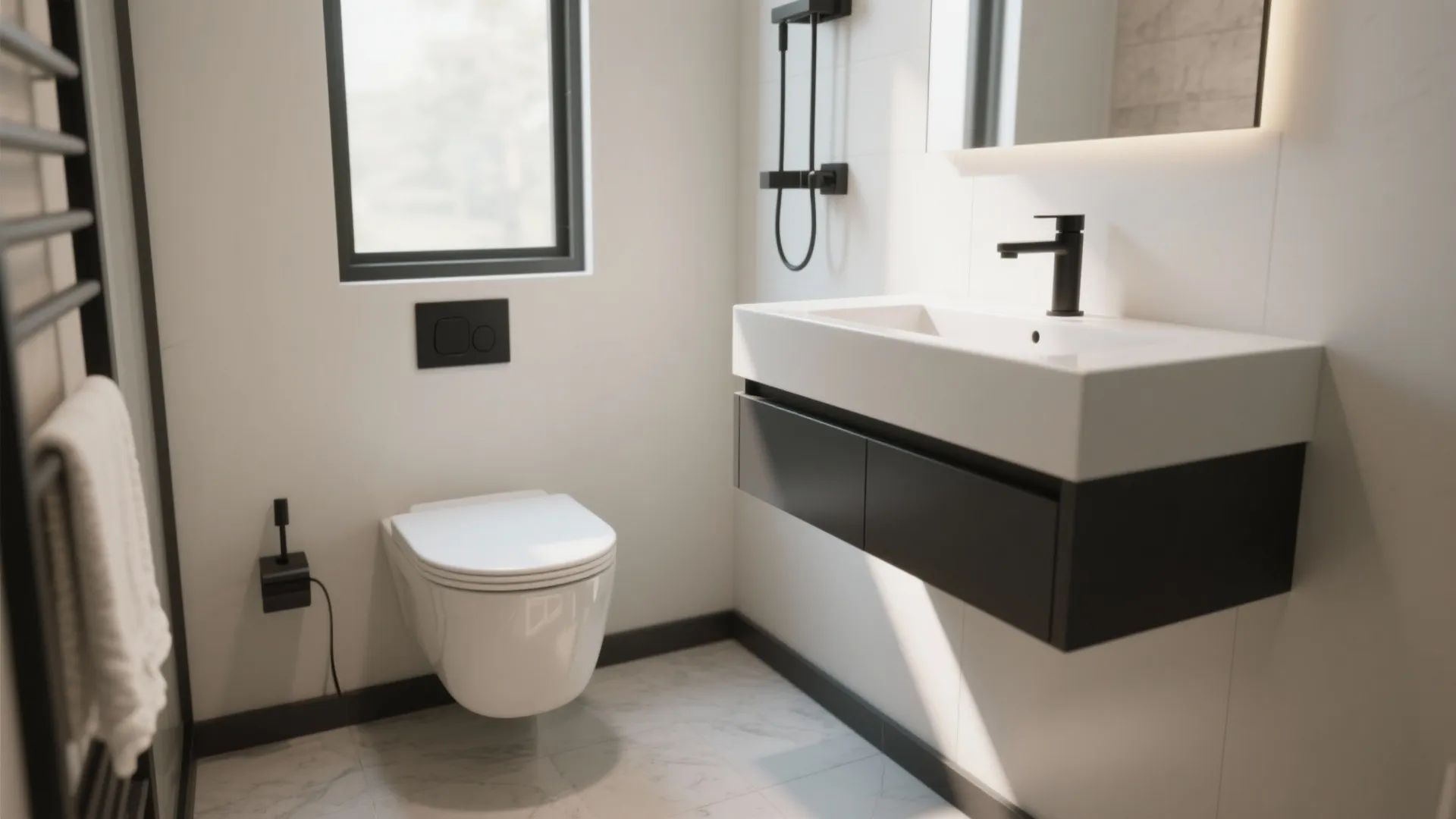 Minimalist white bathroom featuring a wall mounted toilet black cabinet sink and small square window