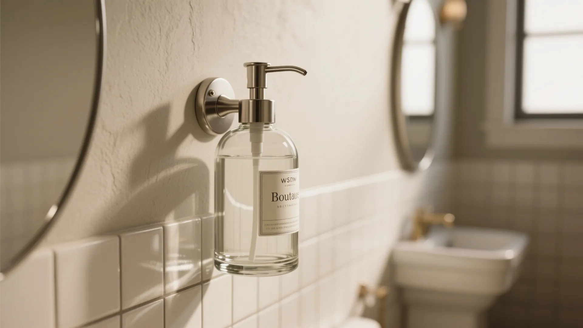 3. Wall-mounted pump with labeled glass bottle