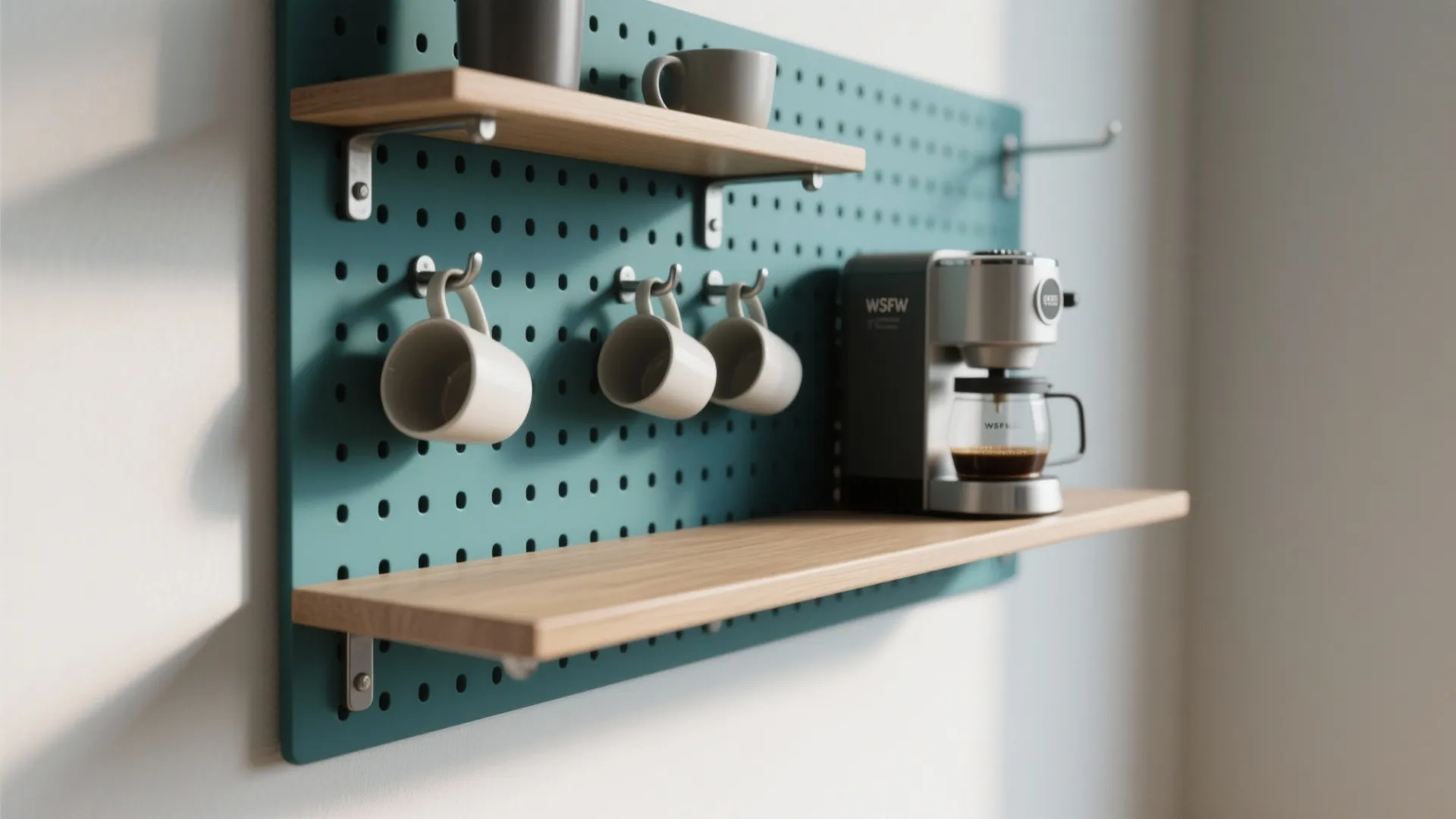 Wall mounted teal pegboard with wooden shelves holding coffee mugs and a small coffee machine