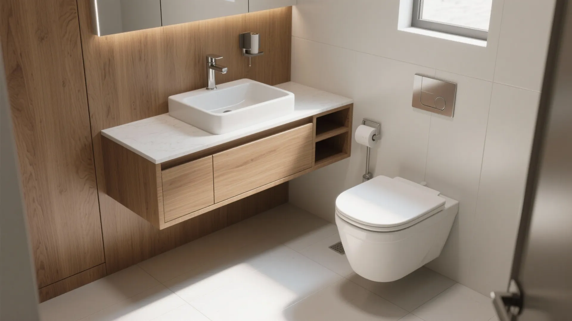 2. Wall-mounted toilet and floating vanity