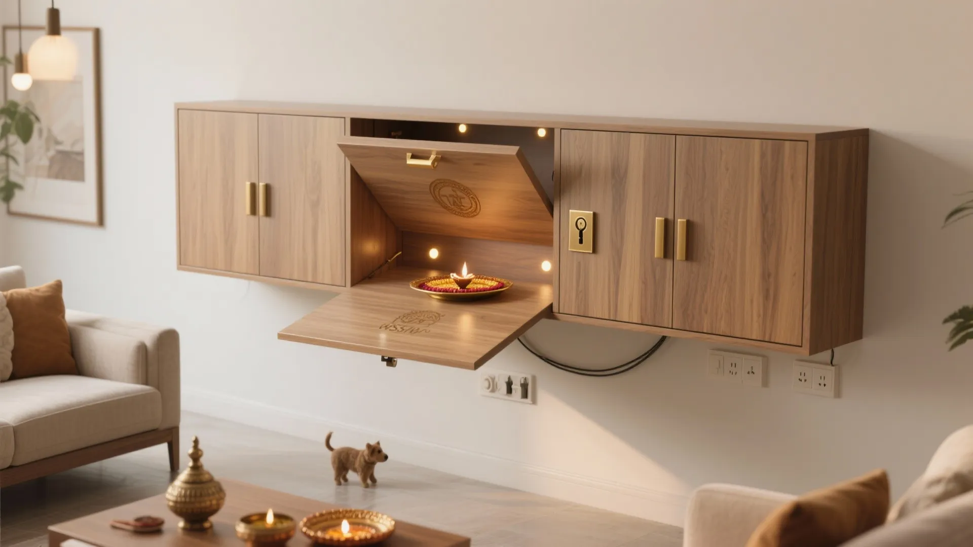 Wall mounted wooden cabinet in a living room with an open compartment showing small lights