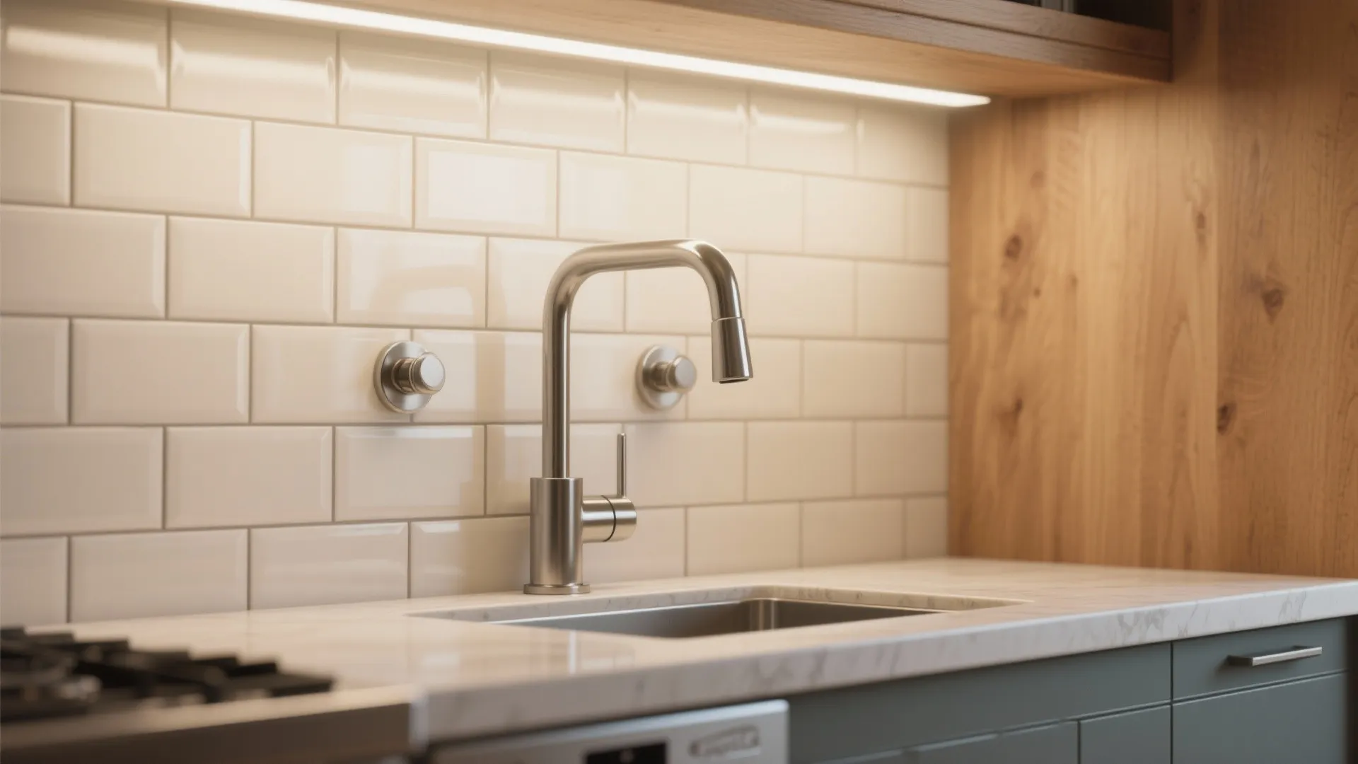Silver wall mounted kitchen faucet over a metal sink with white wall tiles and cabinets