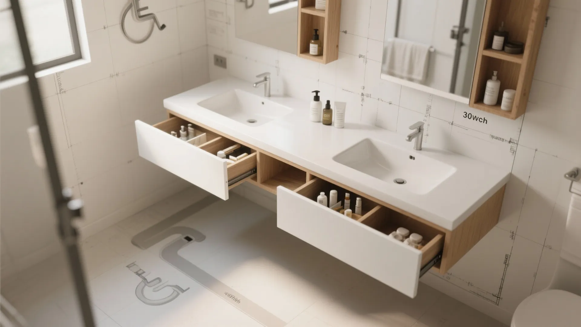 1. Floating 30-inch white vanity for visual space