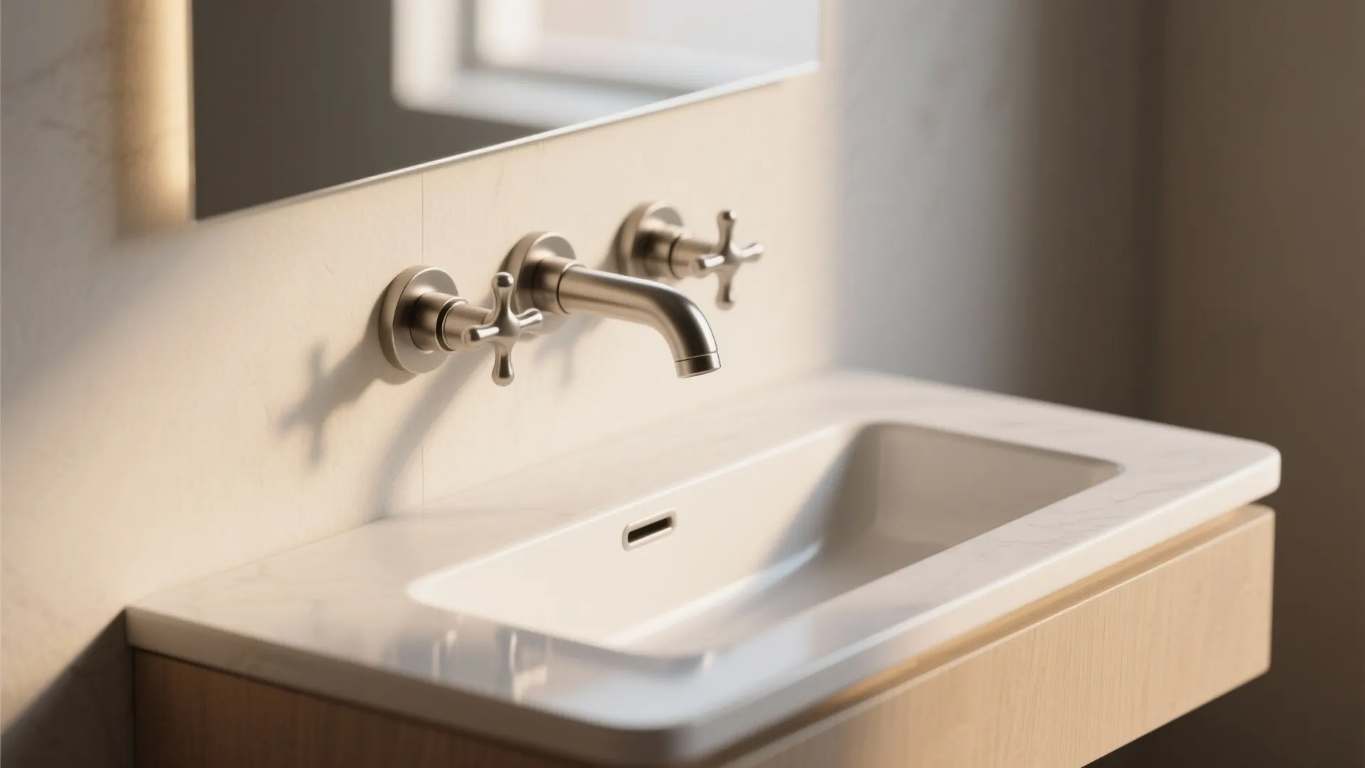 Wall mounted silver faucet with two cross handles over a white sink and wooden cabinet