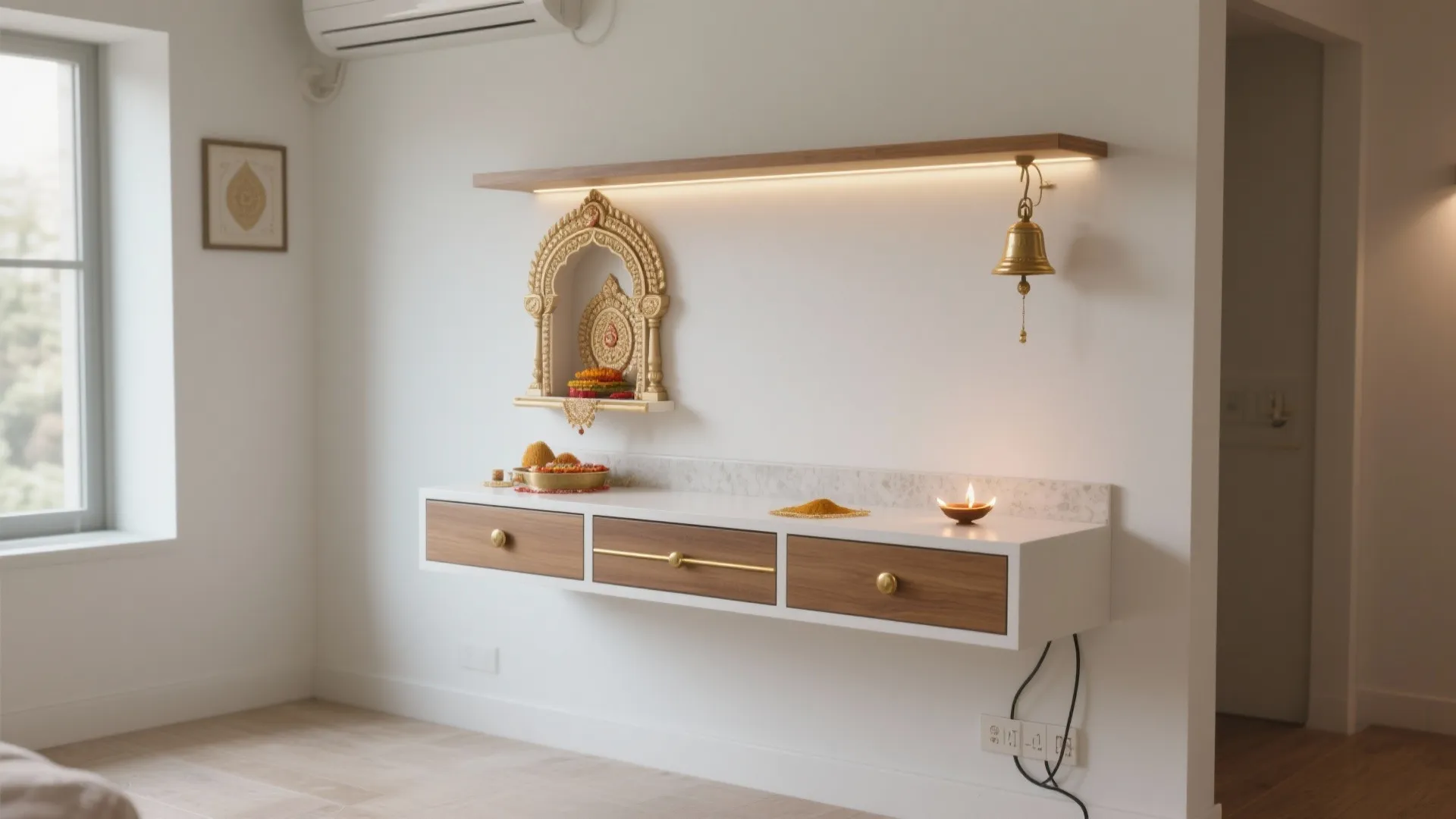 Minimal floating pooja shelf with concealed drawer and brass accents in a compact studio.