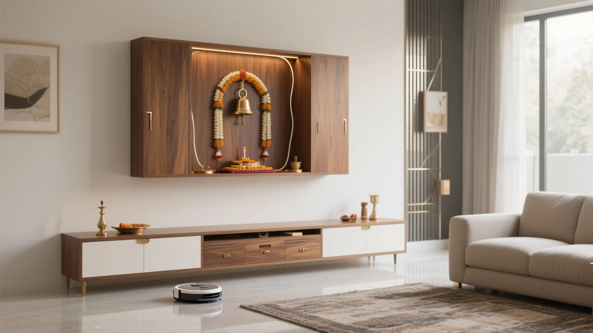 4) Wall-mounted altar with concealed storage bench