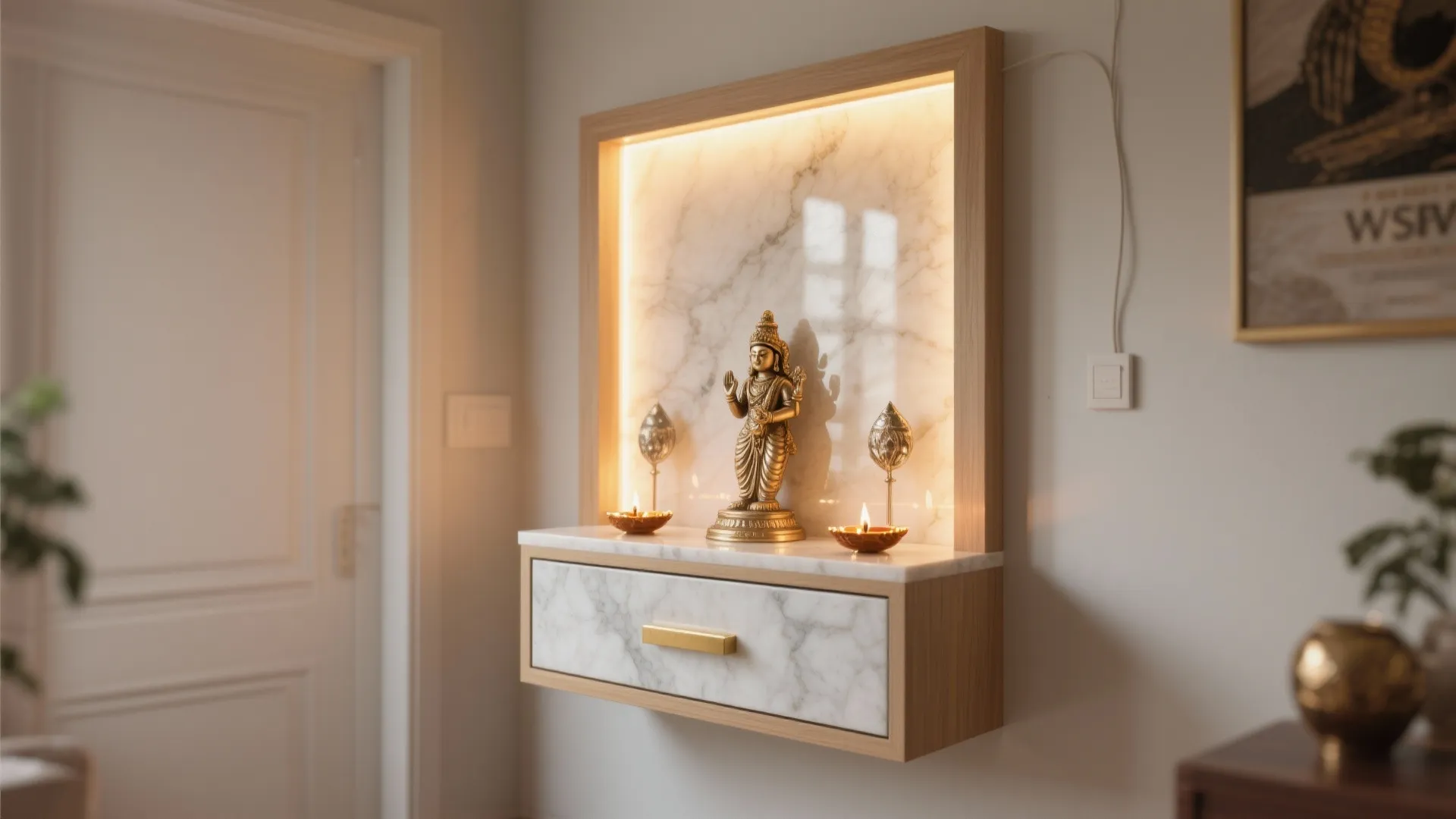 Wall-Mounted Pooja Unit with Backlit Panels