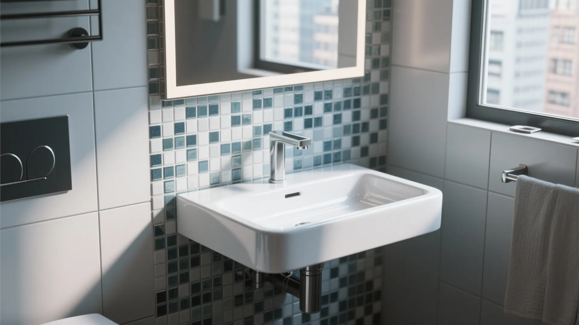Slim wall-mounted bathroom basin with mosaic tile accent