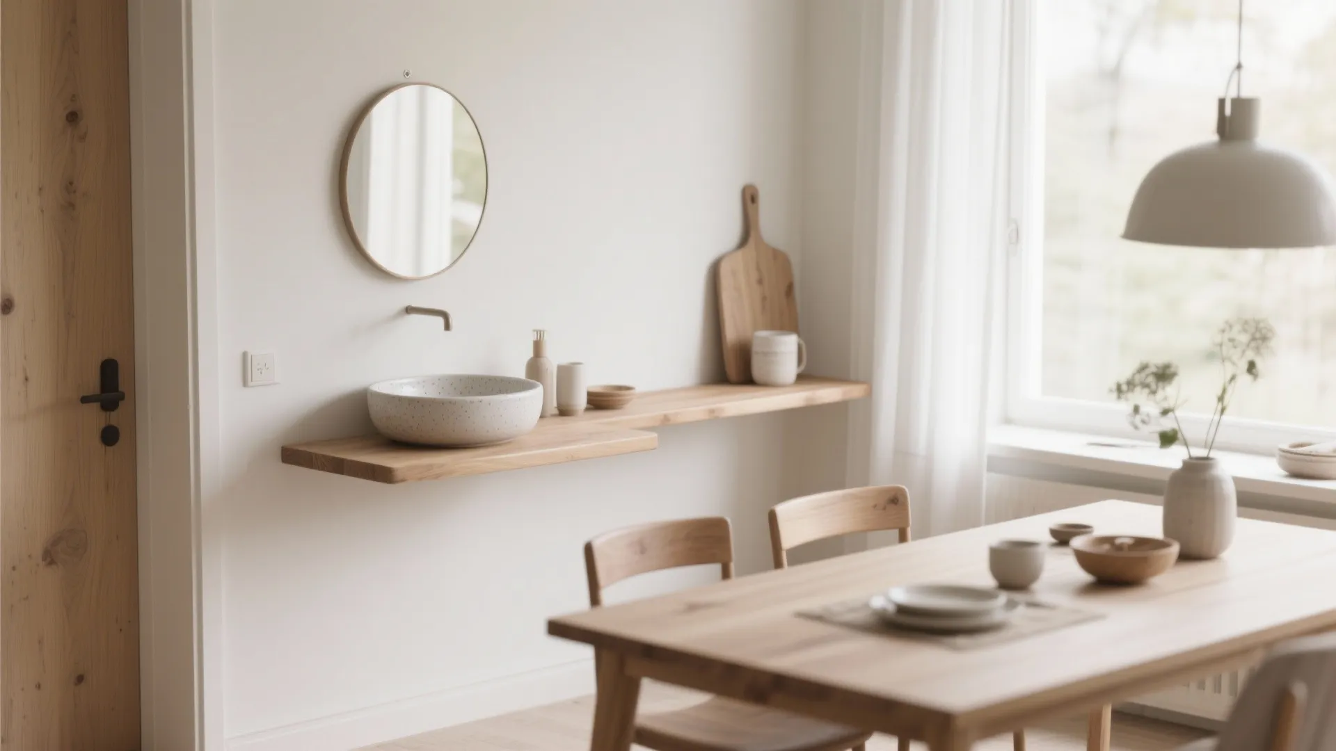 Round mirror above a small sink on a wooden wall shelf in a bright room