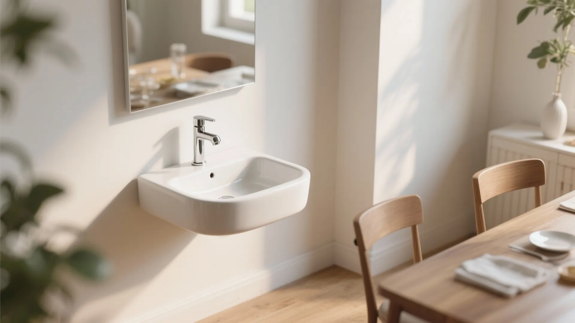 Modern white wall mounted sink with chrome tap in a bright room with wooden furniture