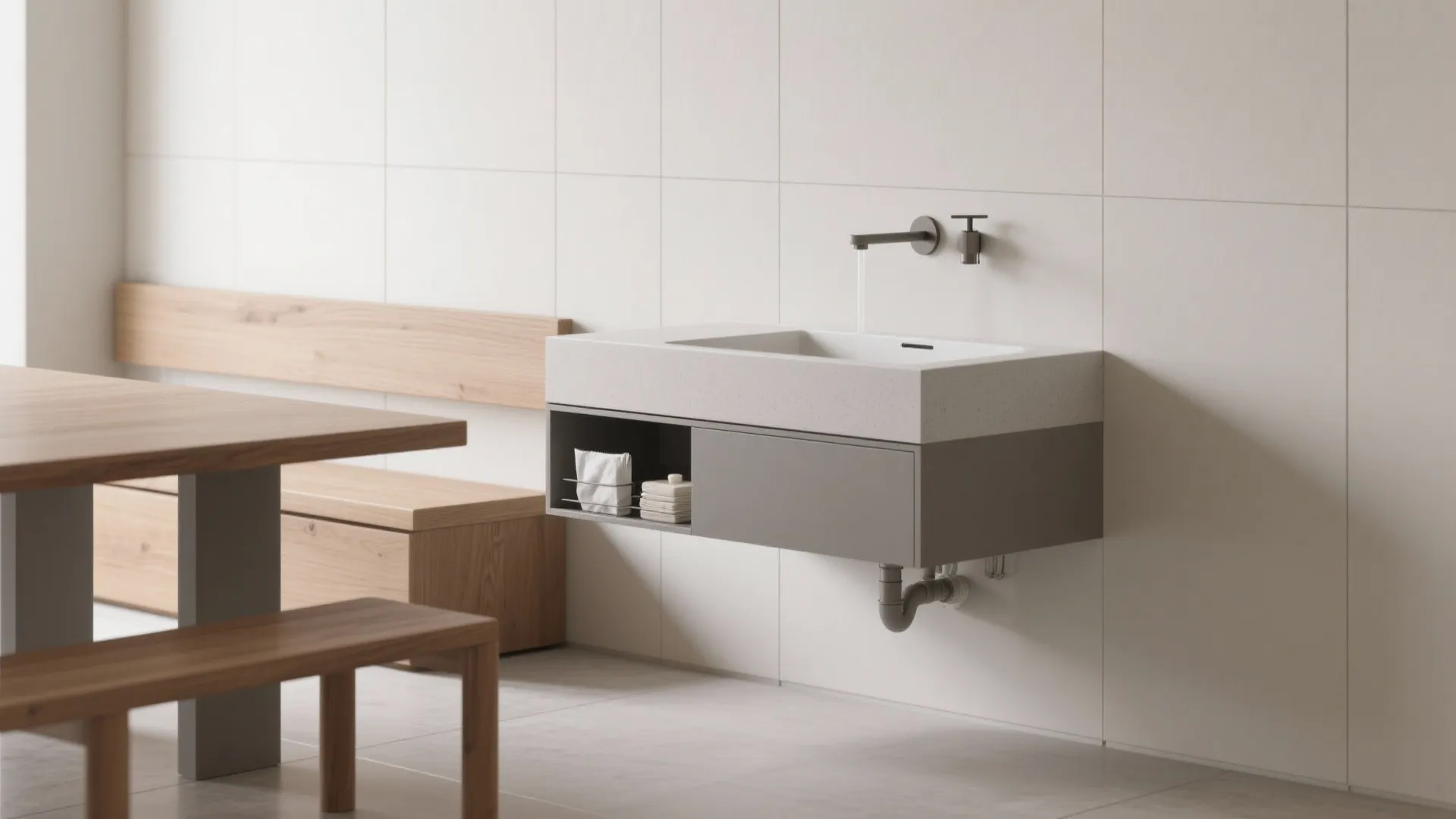 Minimalist wall mounted bathroom sink with grey cabinet and simple wall light in clean room