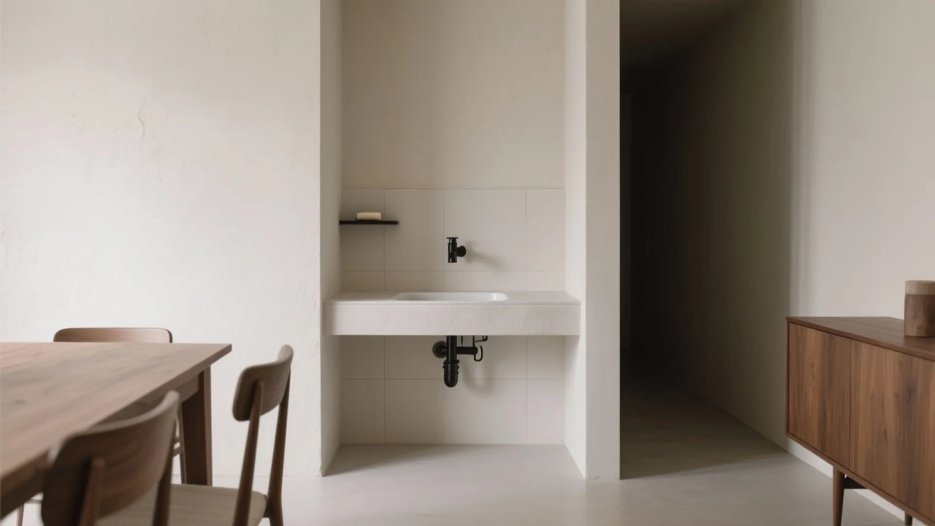 1) Minimalist wall-mounted basin with hidden trap