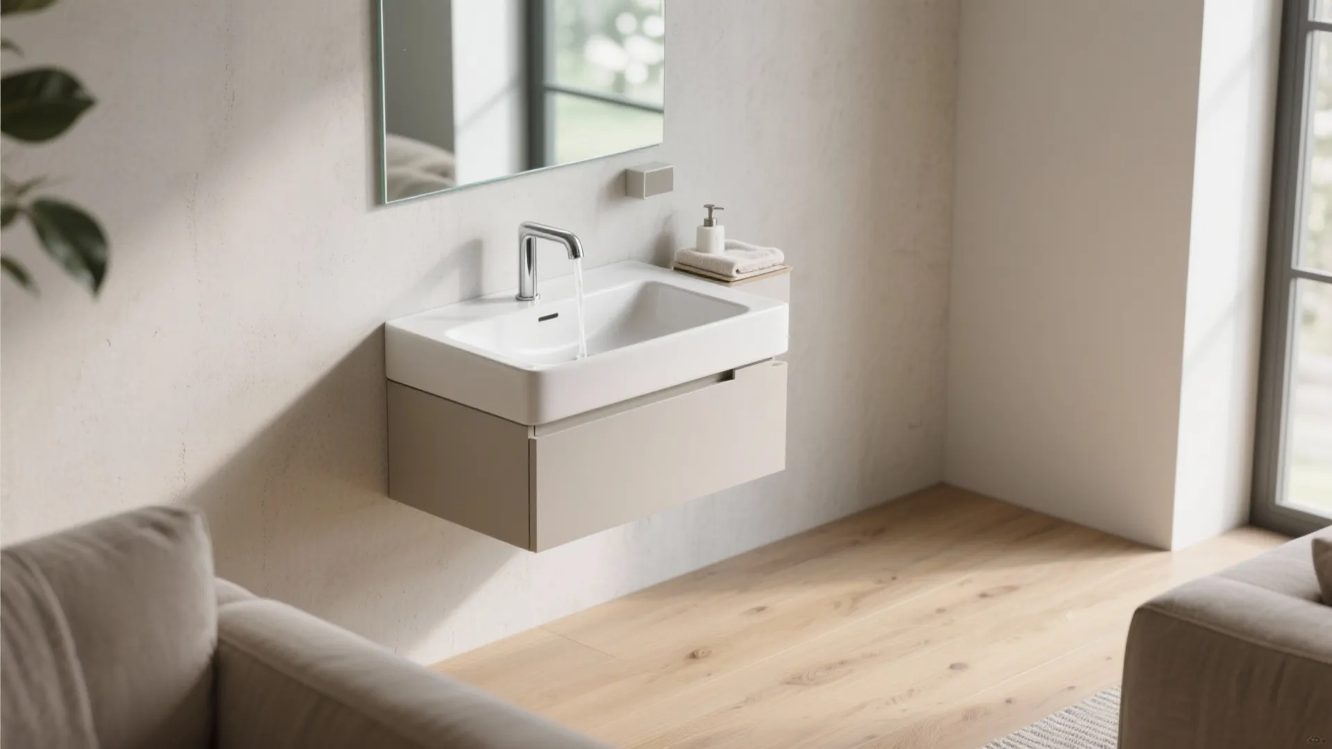 Slim wall-mounted living room basin with floating drawer and glass backsplash.