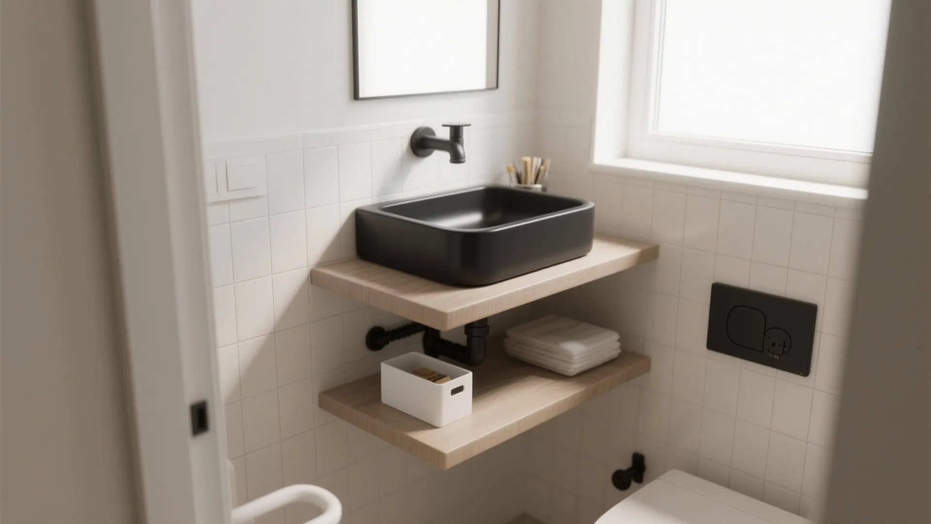 2. Wall-mounted black basin for floor space