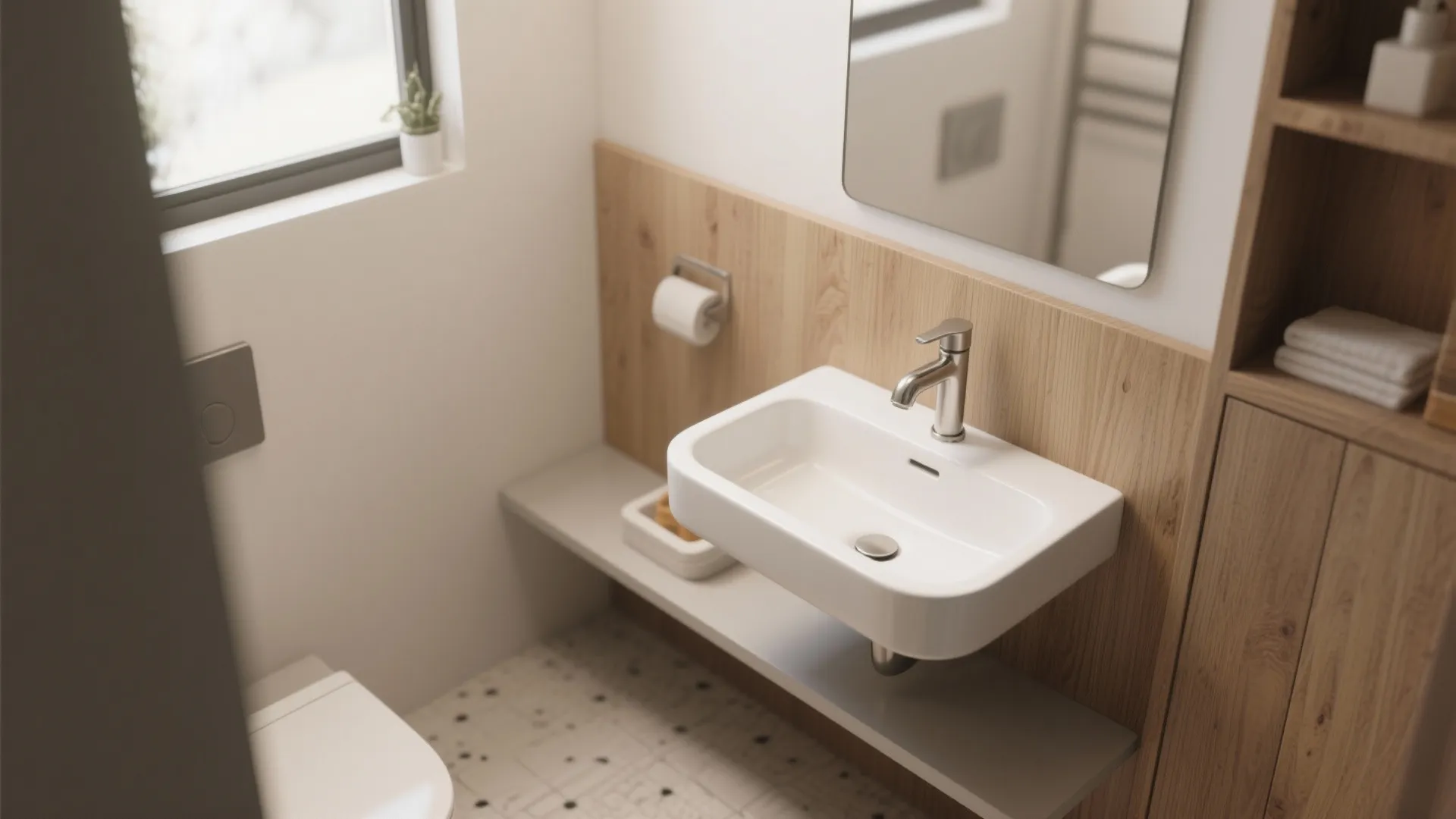 Small bathroom featuring a white wall mounted sink and wooden wall panels with built-in shelves