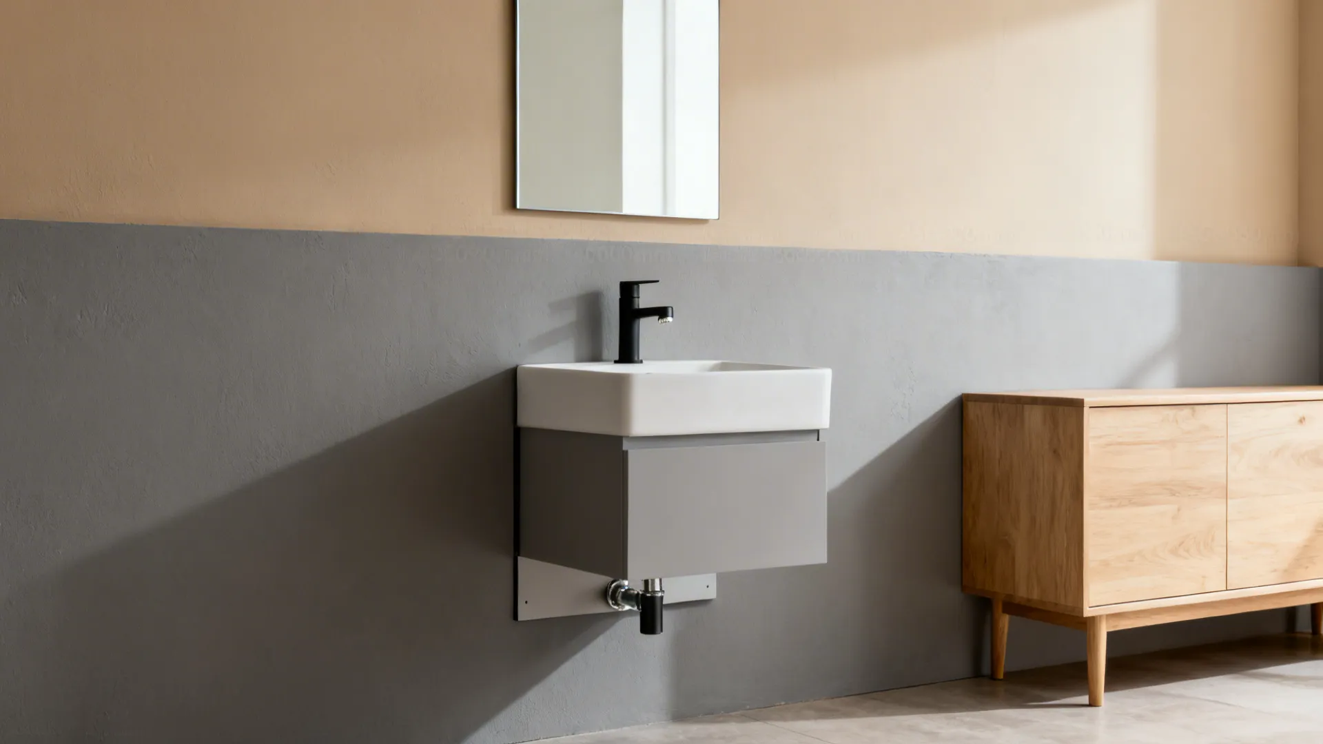 Minimalist wall-mounted basin with concealed plumbing and matte faucet in a small dining room.
