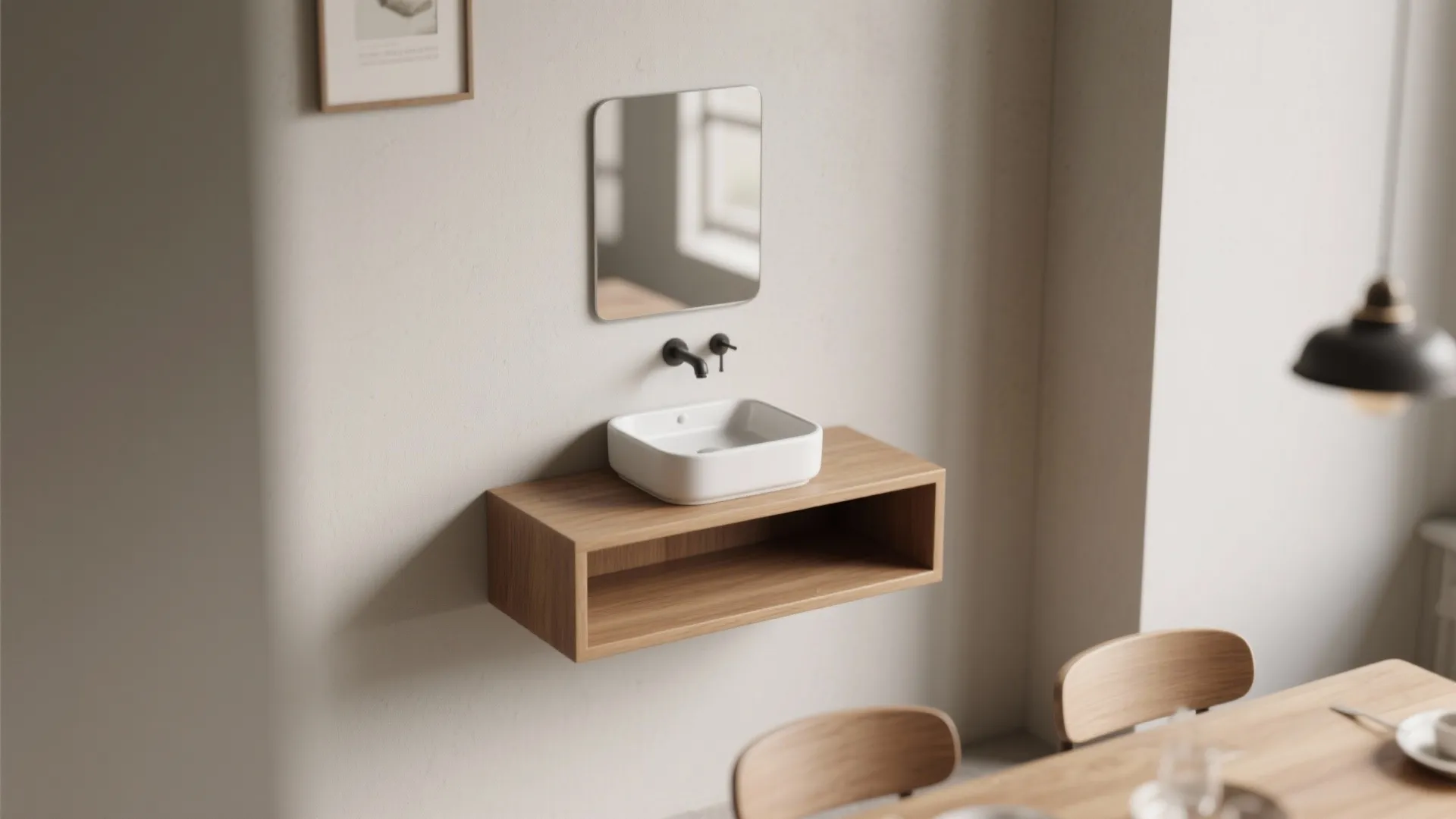 White square sink on a floating wooden shelf with black wall tap and a mirror