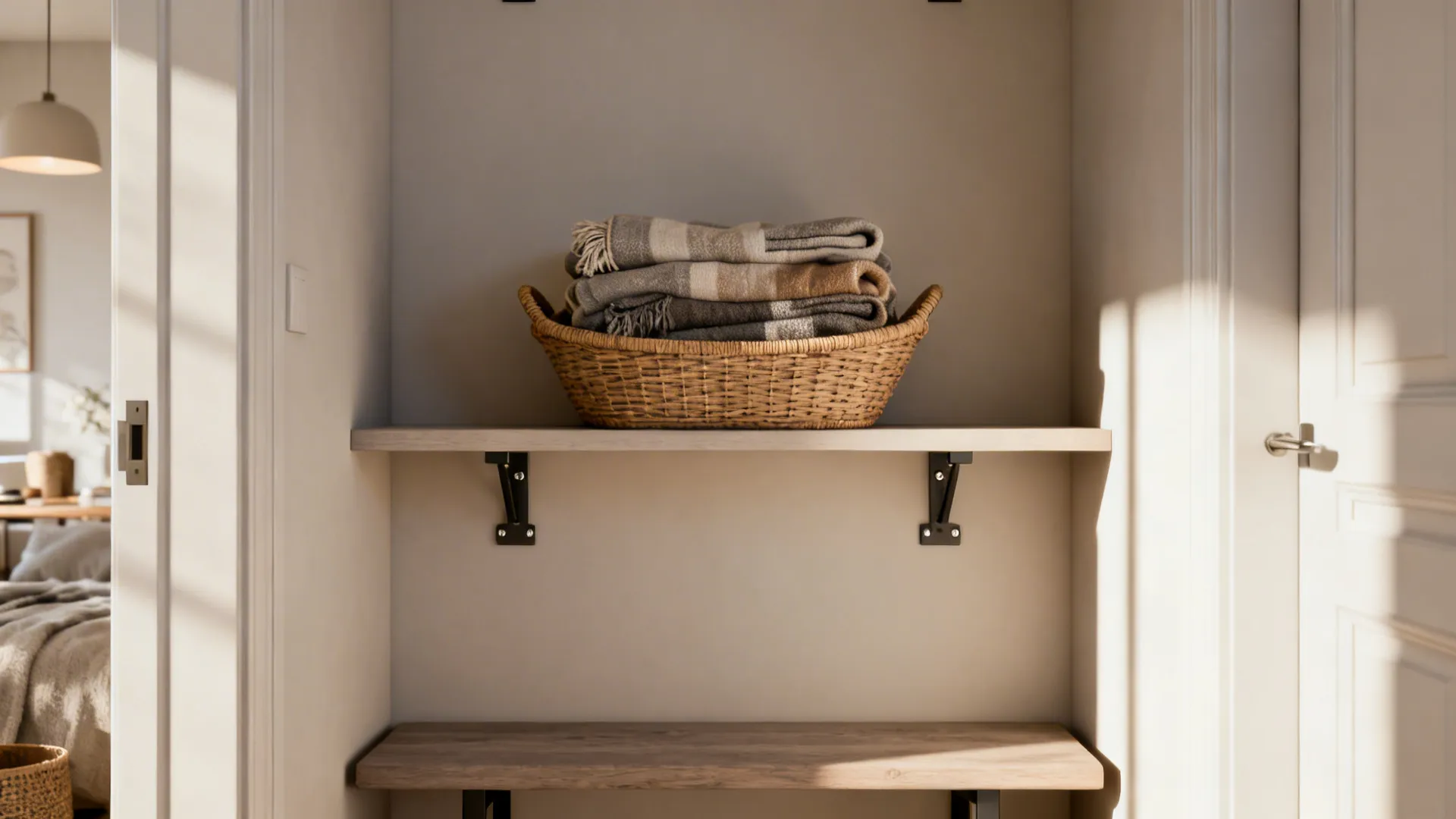 Wall-mounted shelf with a shallow woven basket of throws above a bench in a small apartment.