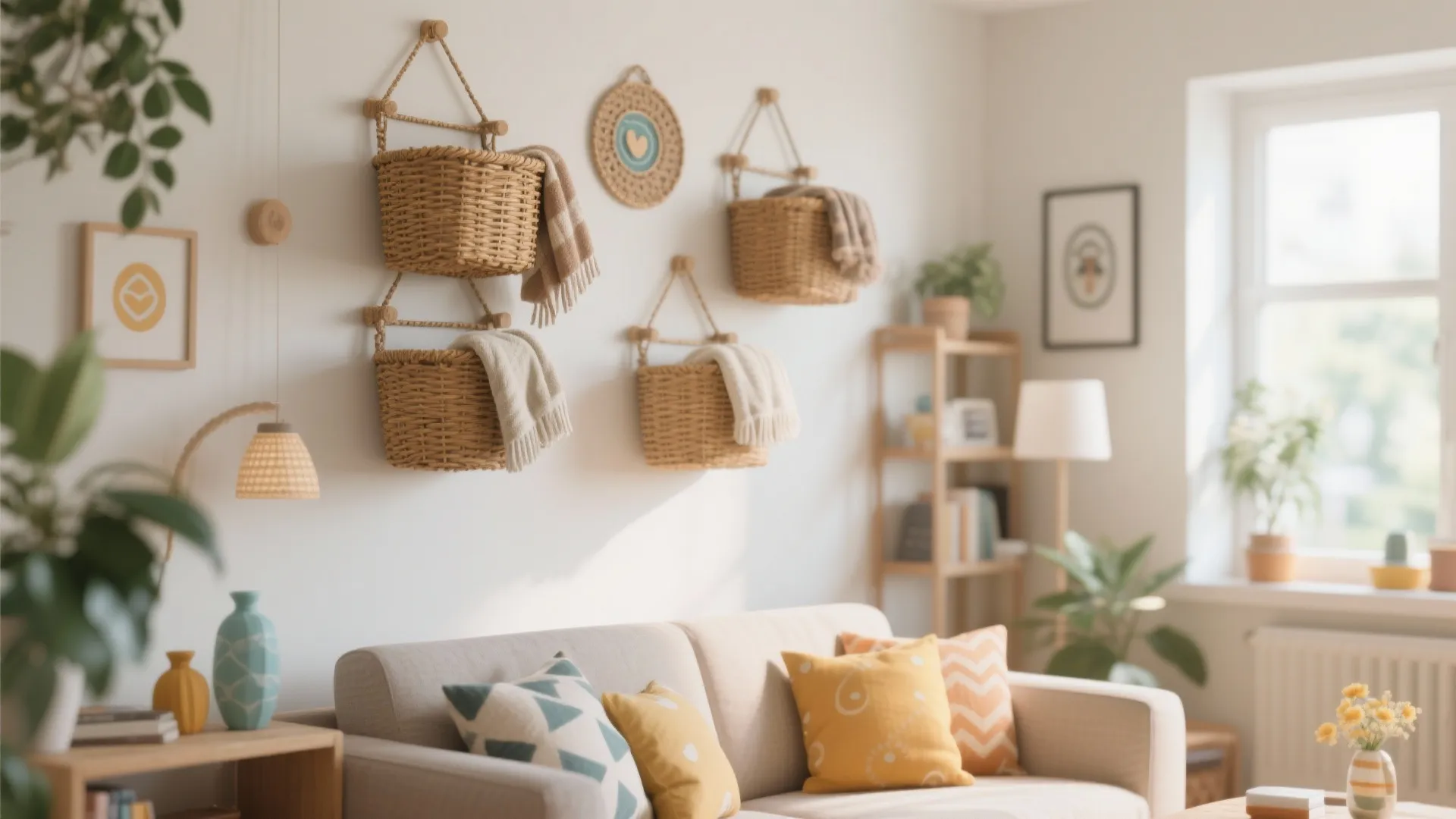 Four woven baskets hanging on white wall with blankets above beige sofa with colorful pillows