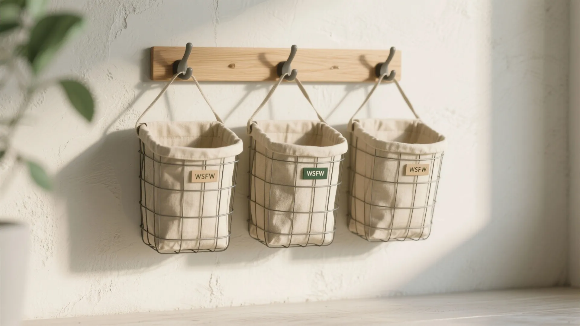 Three small fabric baskets with metal wire frames hanging from a wooden wall mounted hook rack