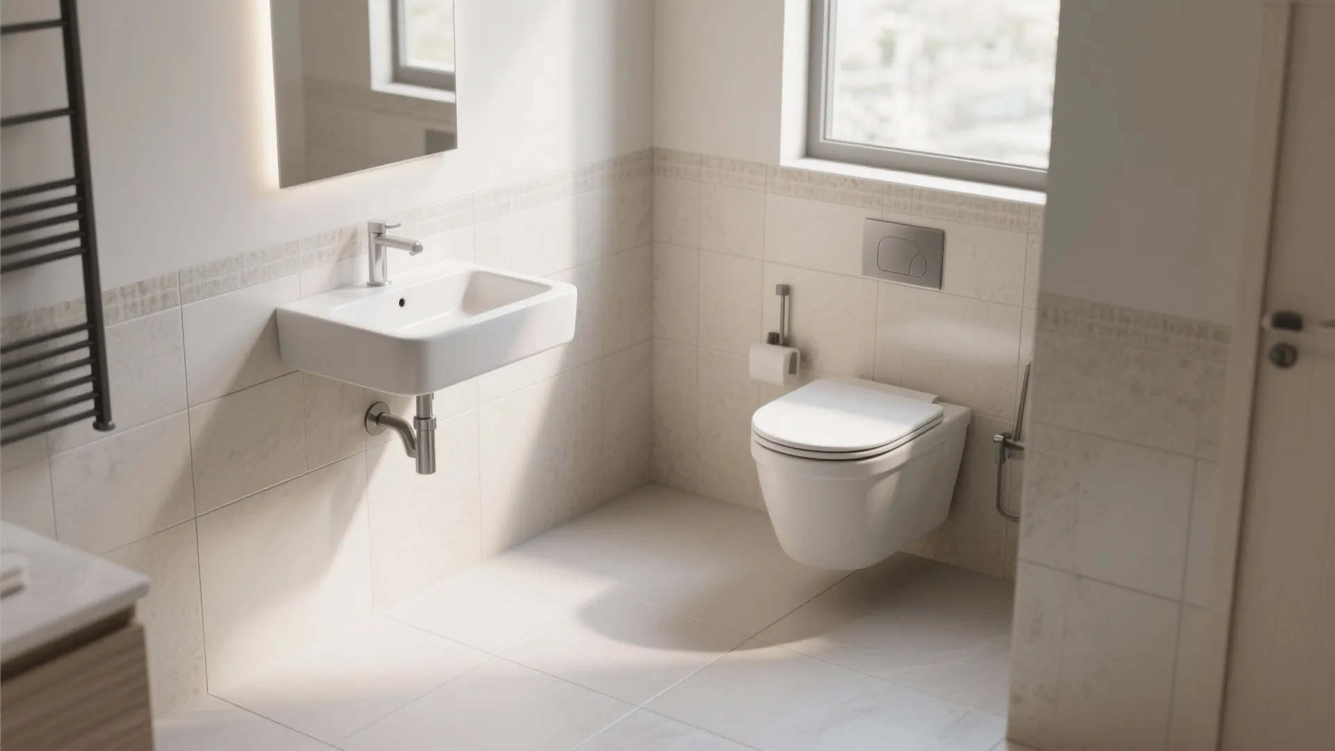 Modern white wall mounted sink and toilet with grey tiles and natural light in bathroom