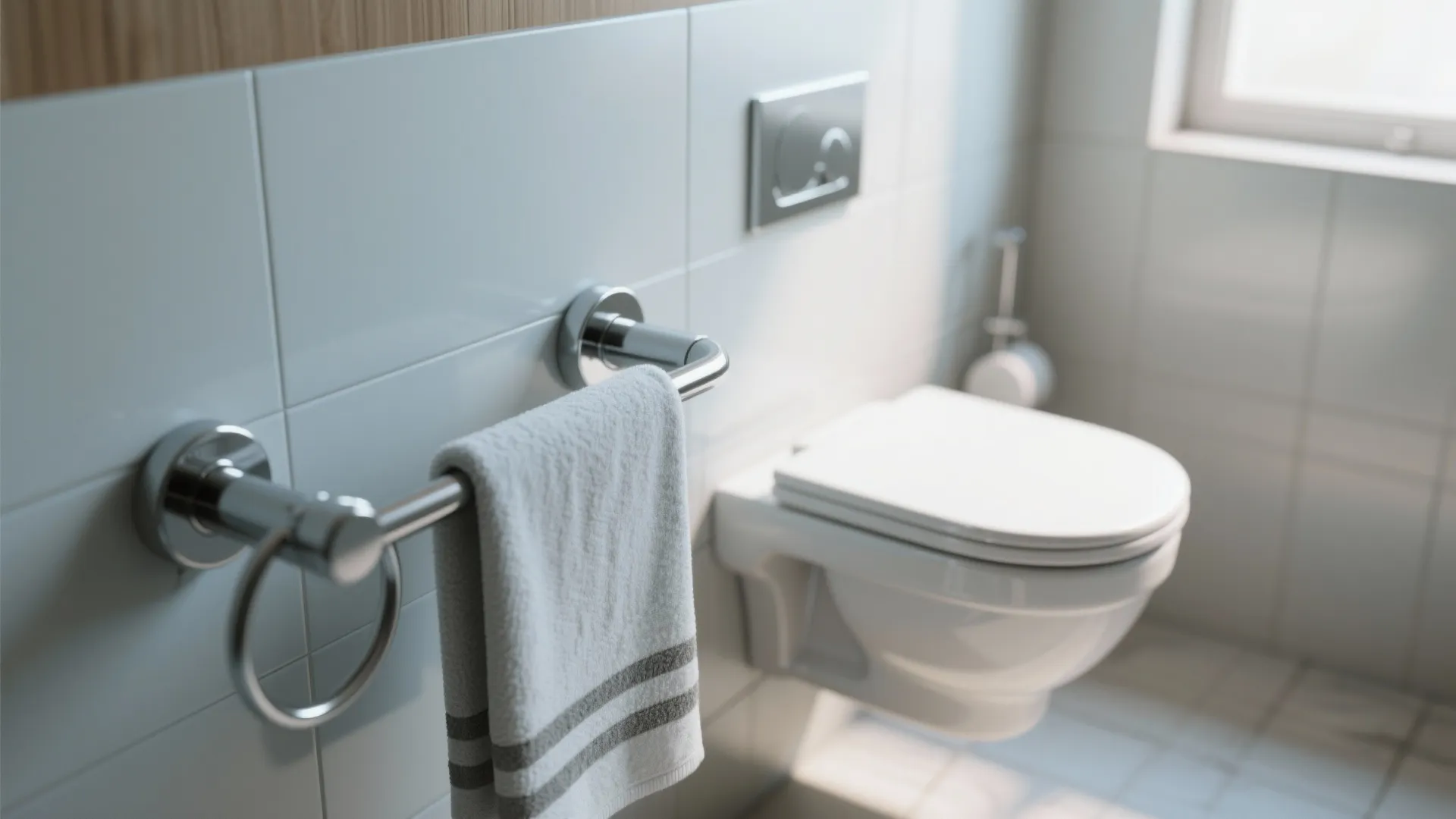 Close up of a metal towel ring with hanging towel next to white wall toilet seat
