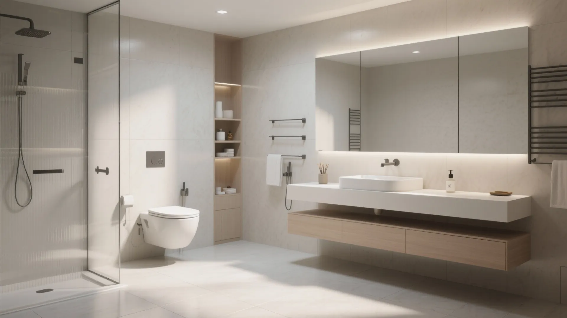 Wet room with wall-mounted fixtures for a floating look