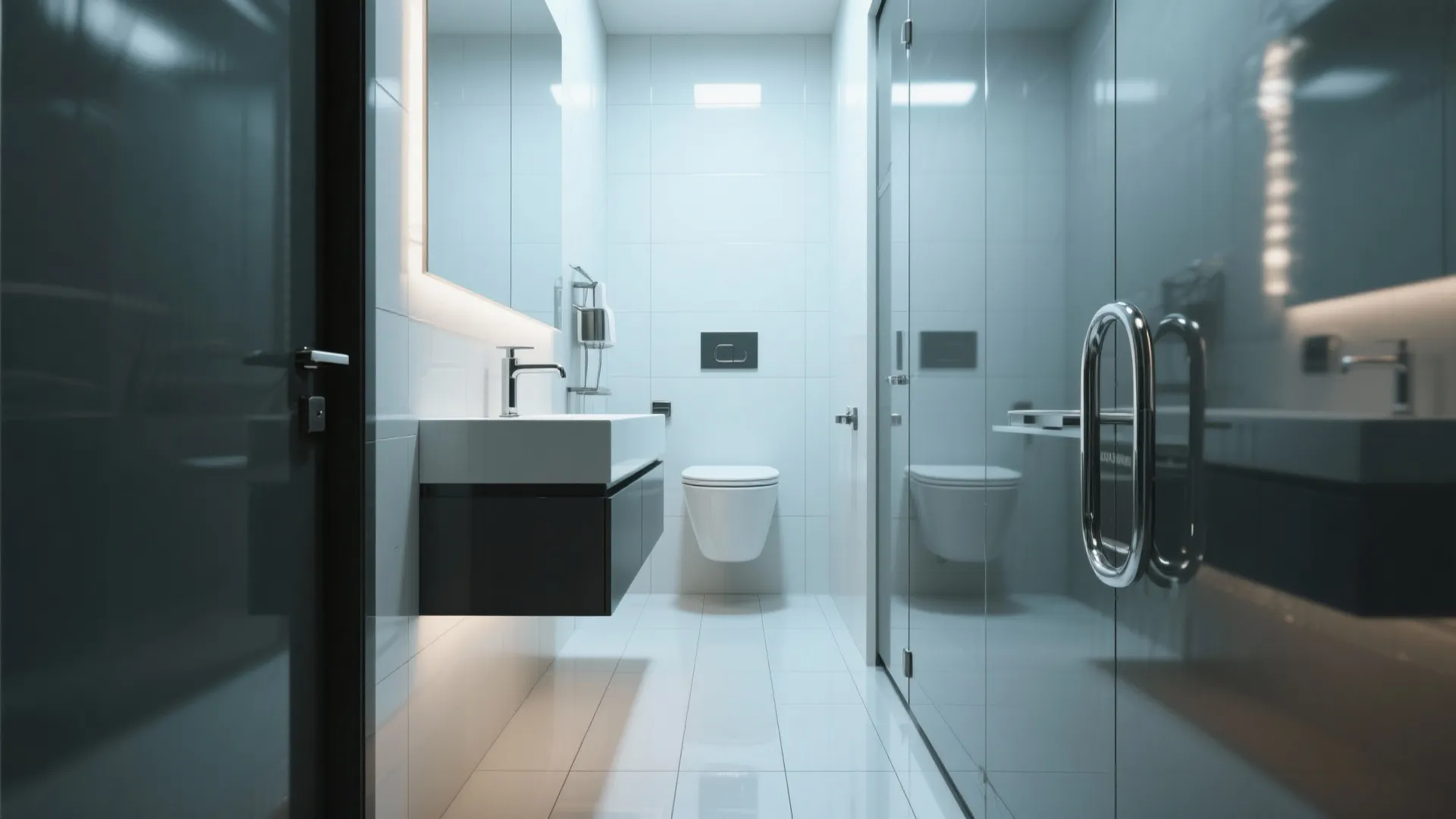 Modern minimalist bathroom featuring a black wall mounted sink white toilet and glass shower door