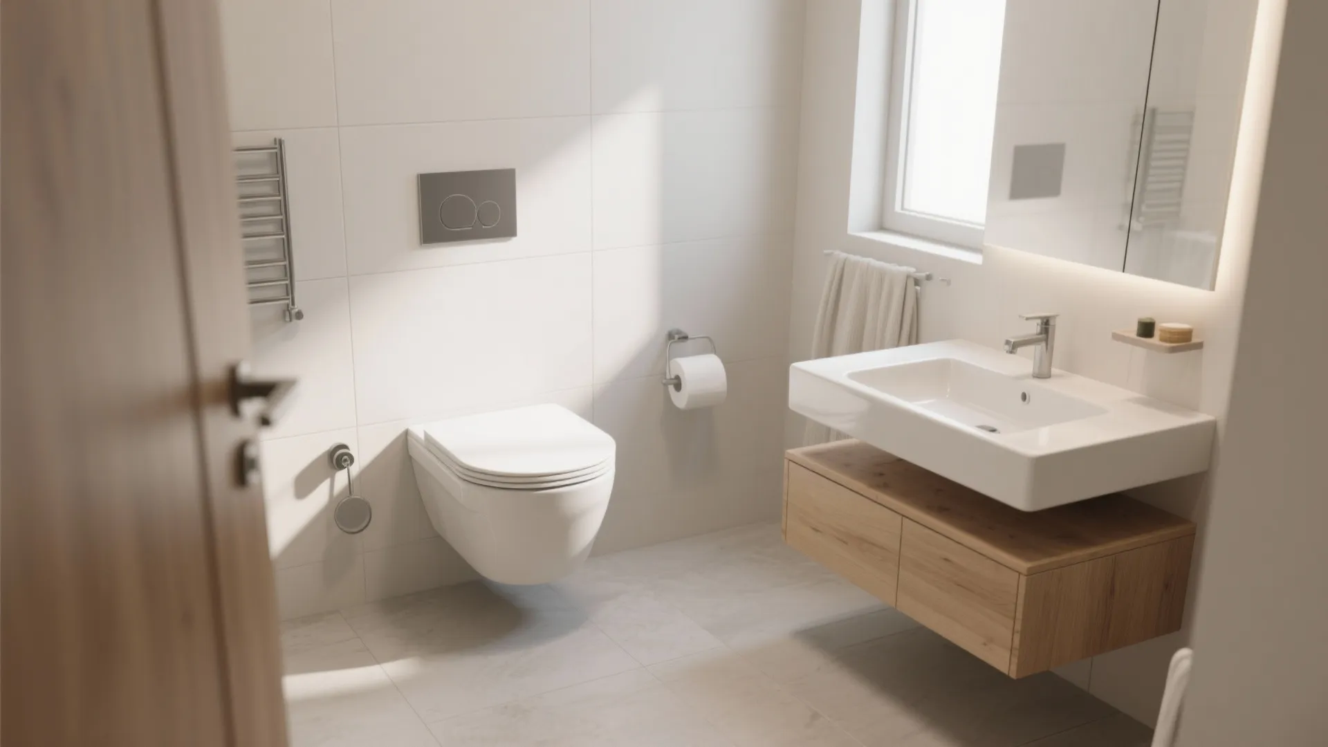 Modern bathroom featuring wall mounted toilet white sink wooden cabinet light grey tiles and window