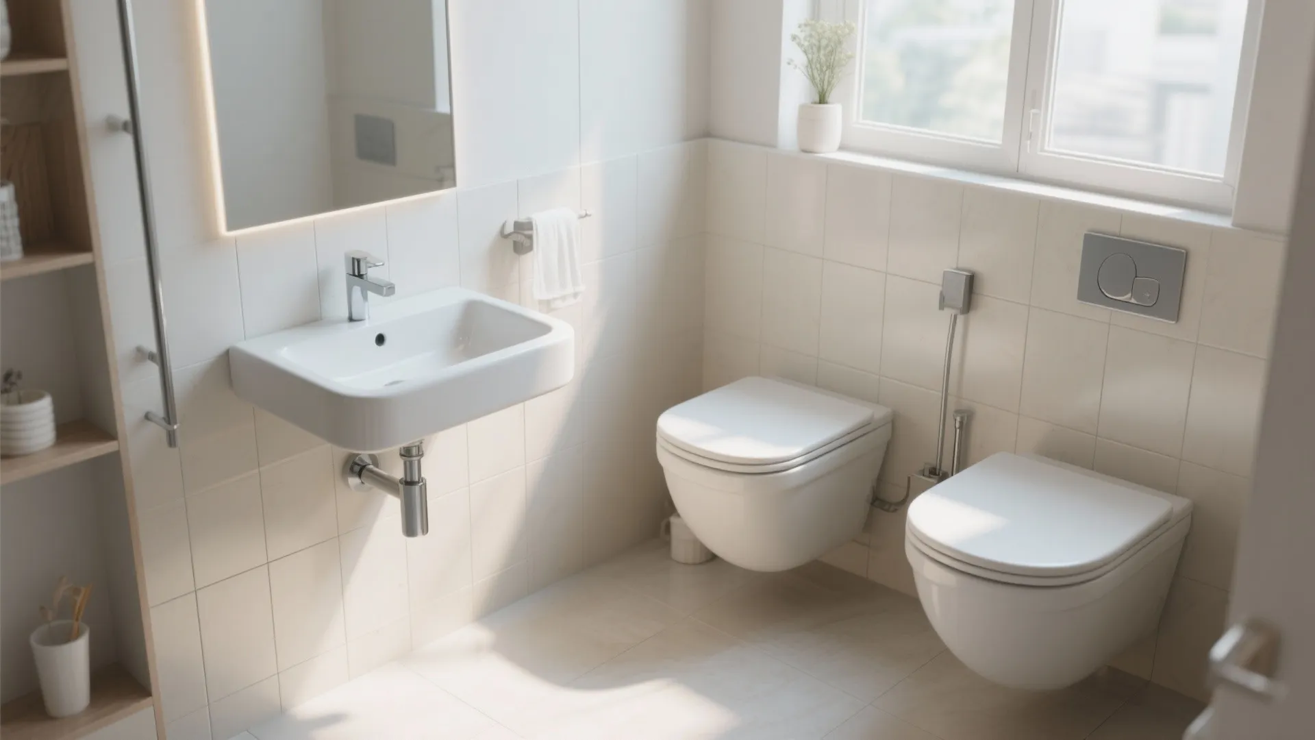 Modern bright bathroom featuring white wall sink and two white wall hung toilets with windows