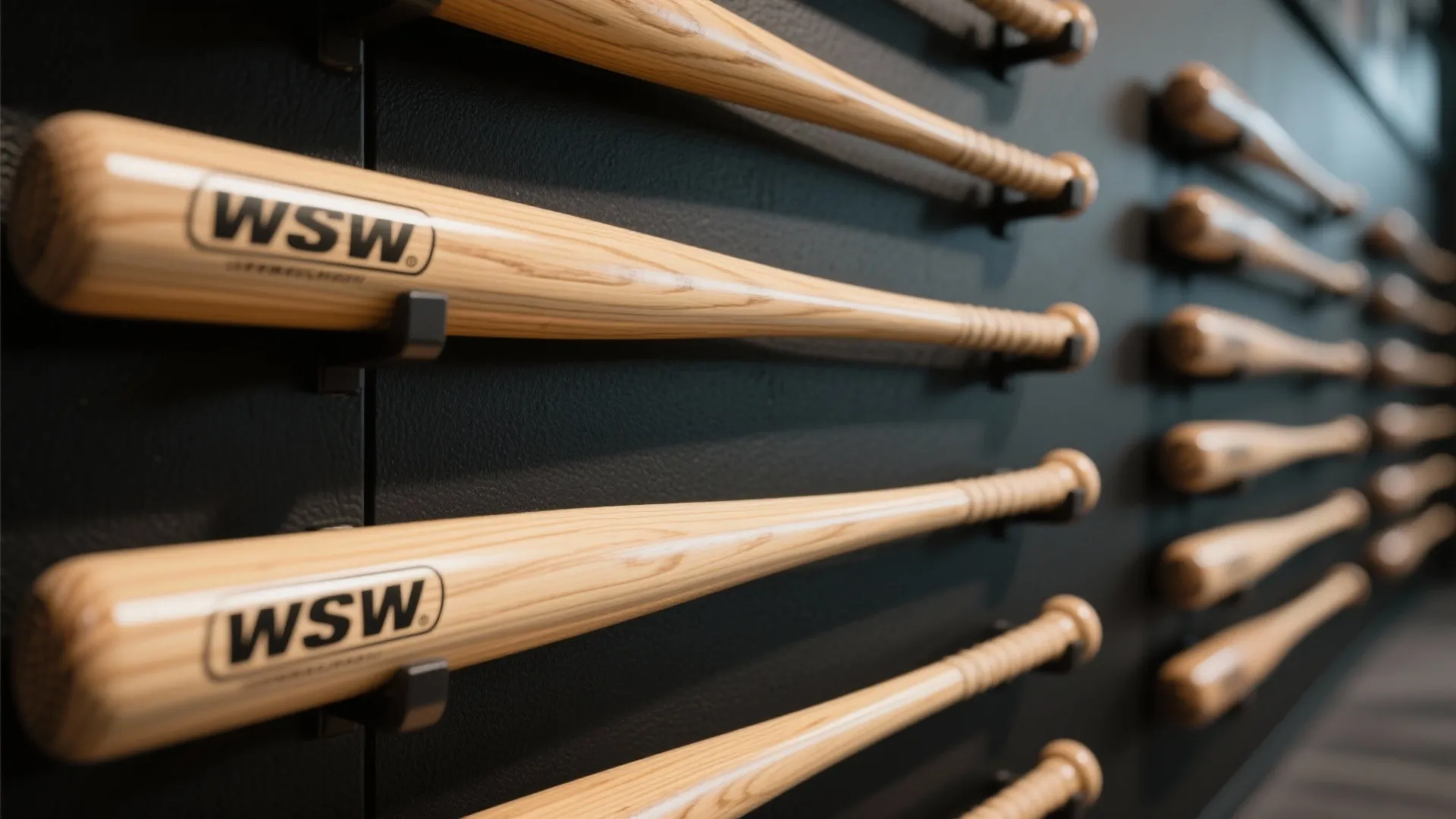 Collection of softball bats displayed vertically on dark wall