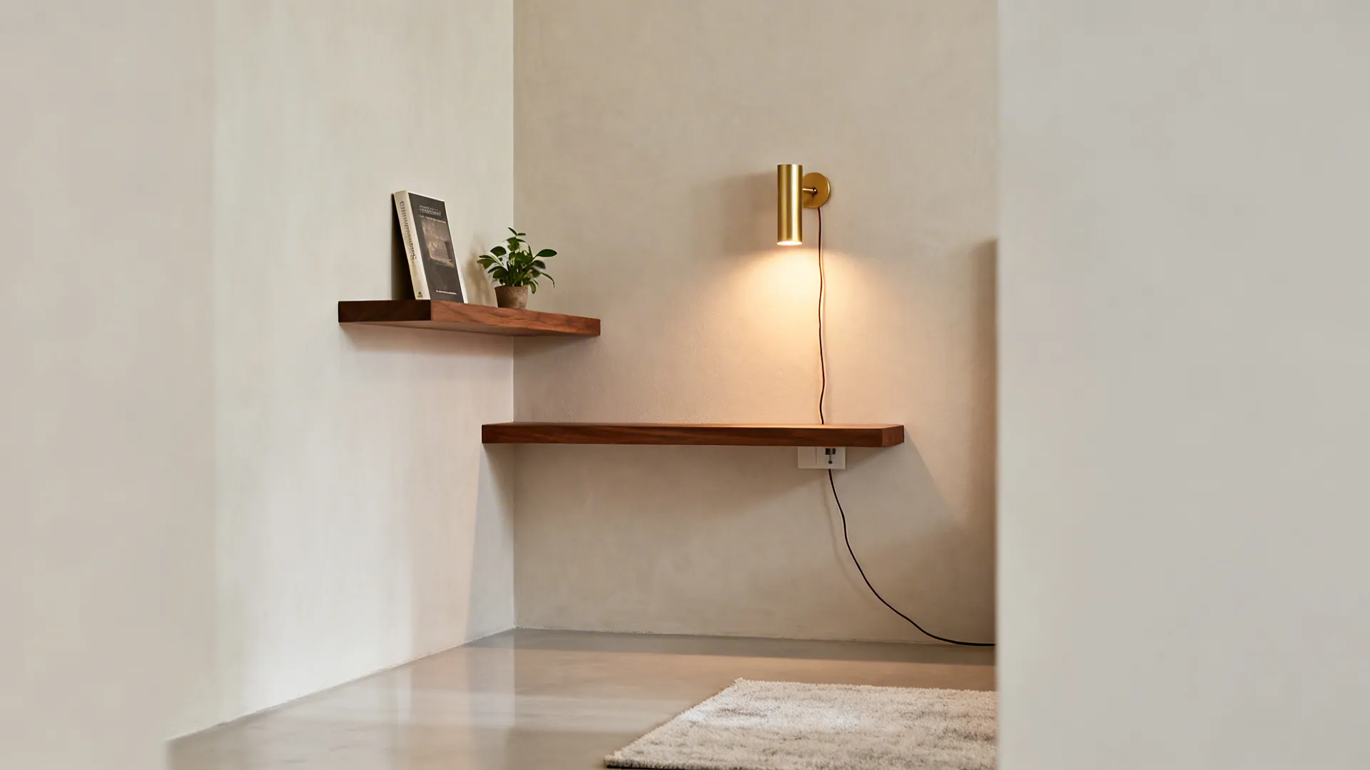 Minimalist room corner featuring two wooden floating shelves with a small plant and wall light