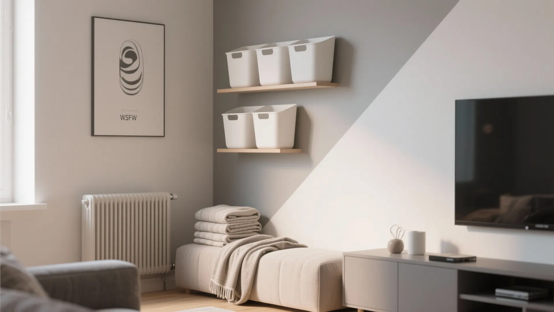 Modern wall light gray wall with white storage bins on shelves next to a television