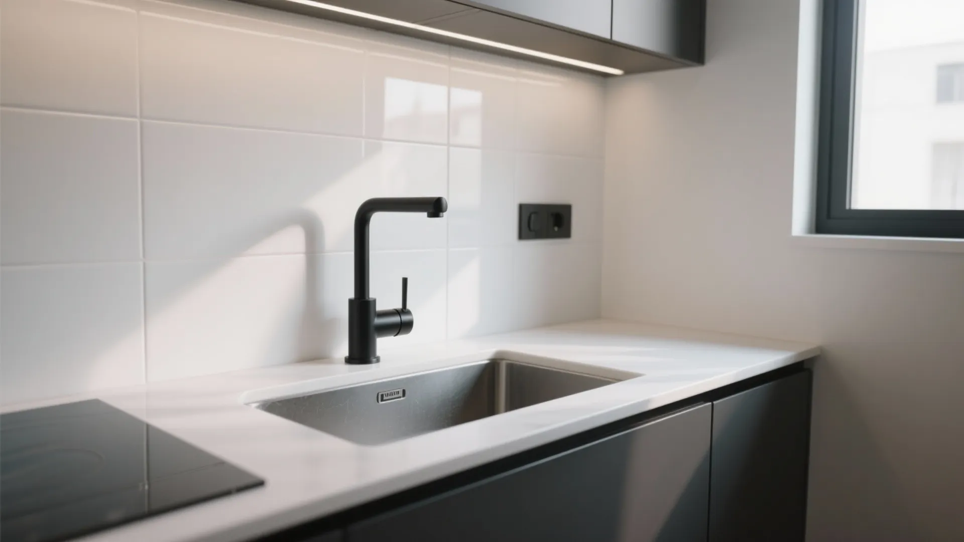 Minimalist kitchen with black water tap silver sink white wall tiles and dark grey cabinets
