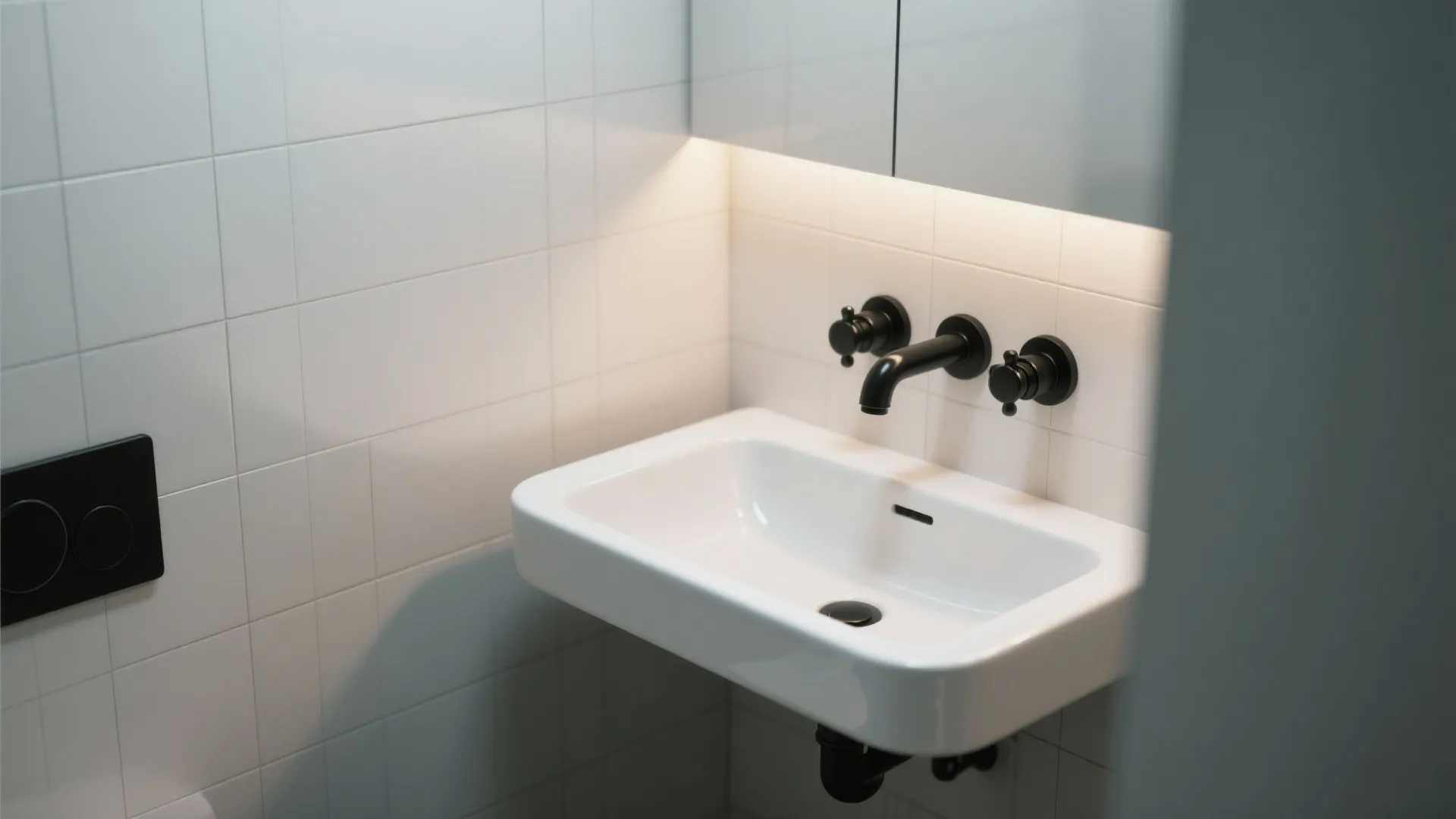 Small white sink with black wall light fixture and black faucet in a white tiled bathroom