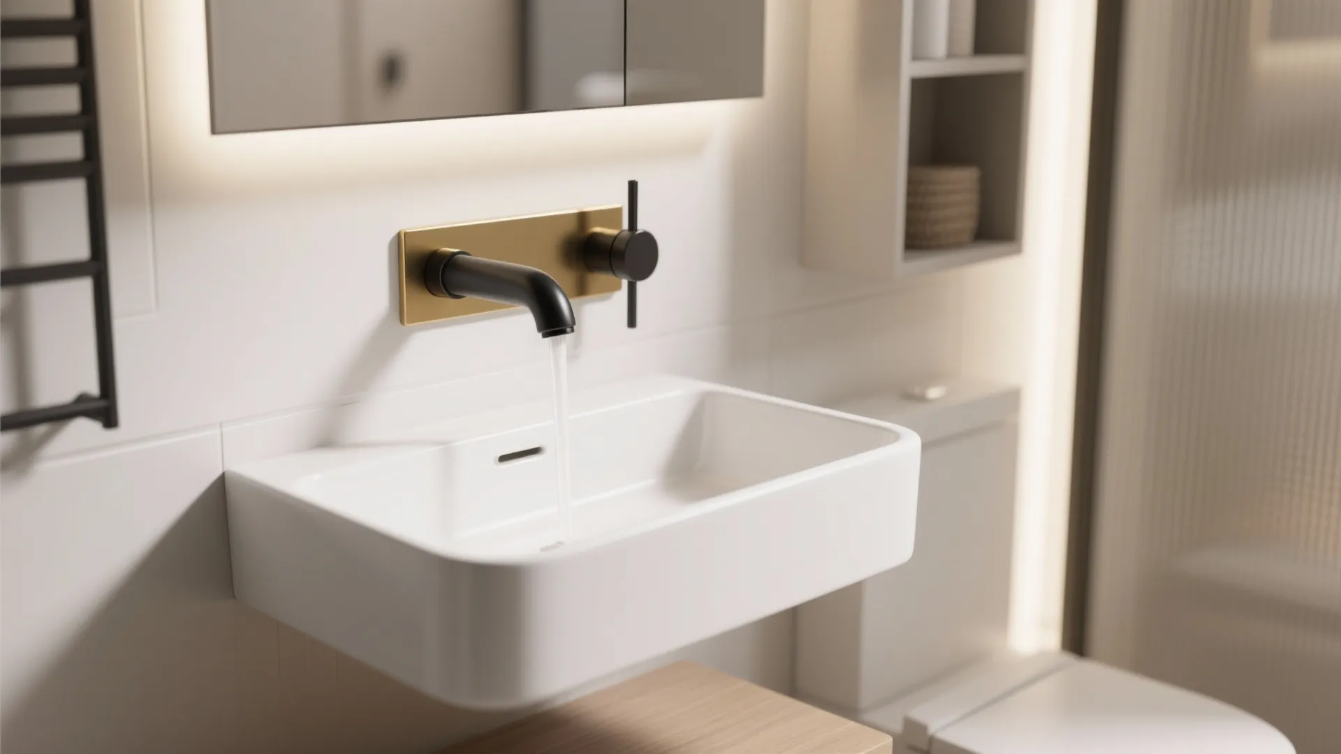Wall mounted black and gold tap pouring water into a modern white square bathroom washbasin