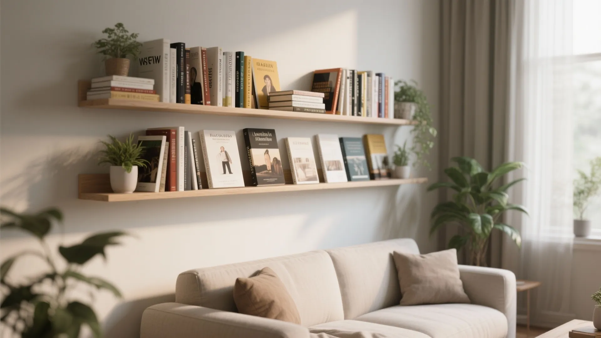 Book ledges on a living room wall displaying colorful covers