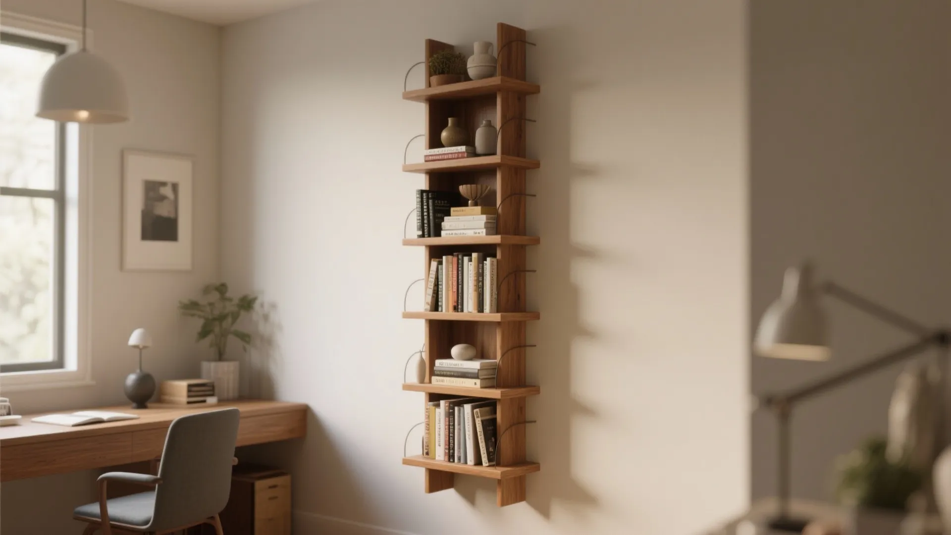 Wall mounted wooden bookshelf with books and small vases in a bright modern home office