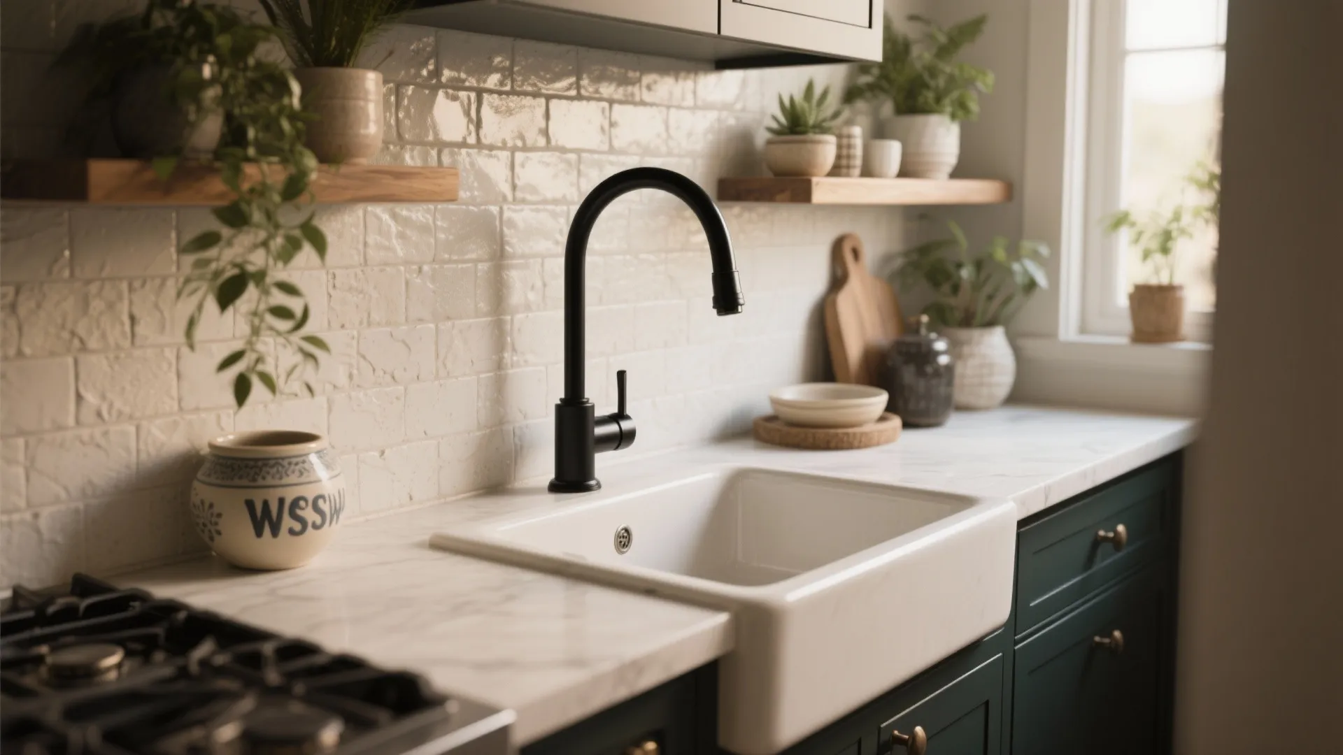 White kitchen sink with black faucet white tiled wall wooden shelves green cabinets and plants