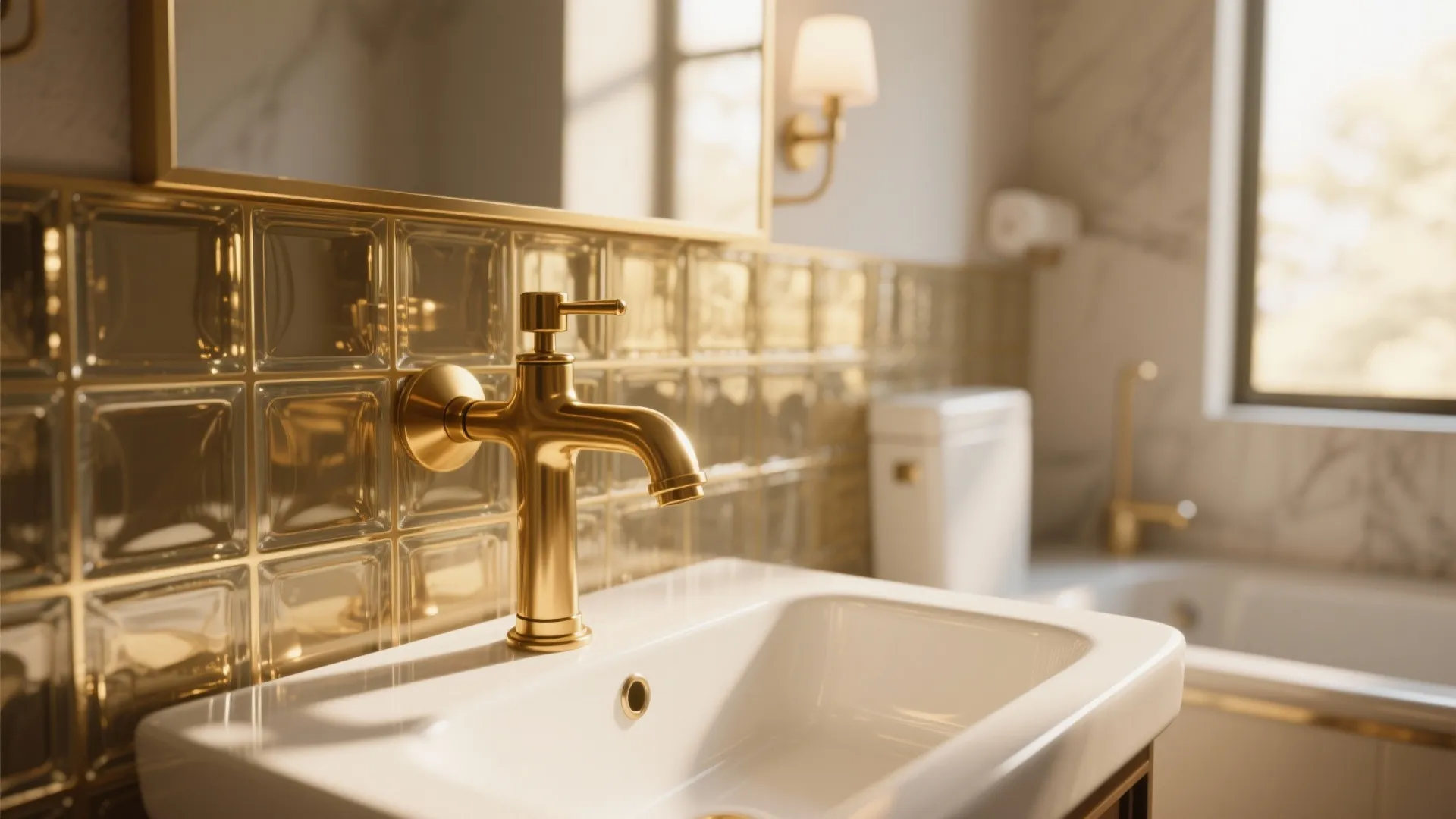 Golden wall mounted tap over a white sink with shiny gold tiles in bright bathroom