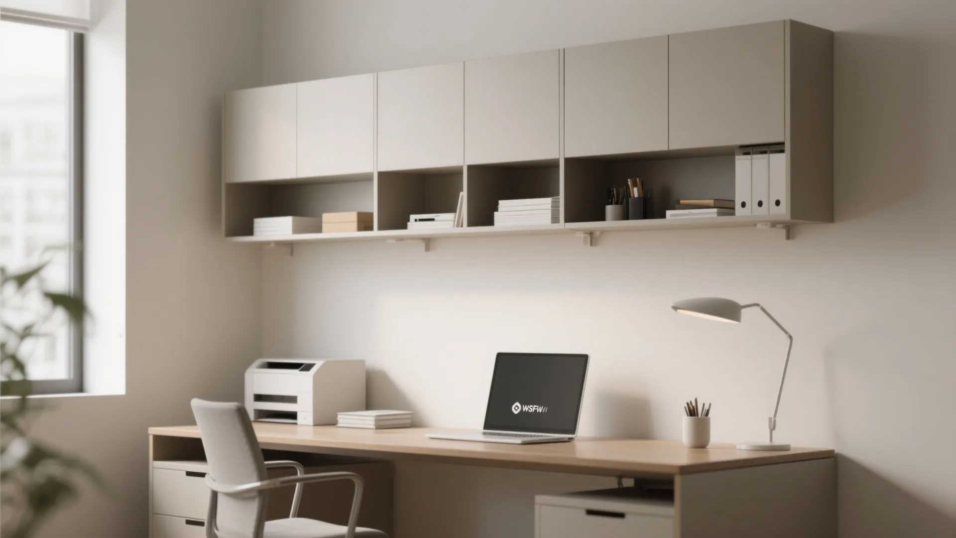 Minimalist home office featuring wooden desk with laptop printer and beige wall mounted storage cabinets